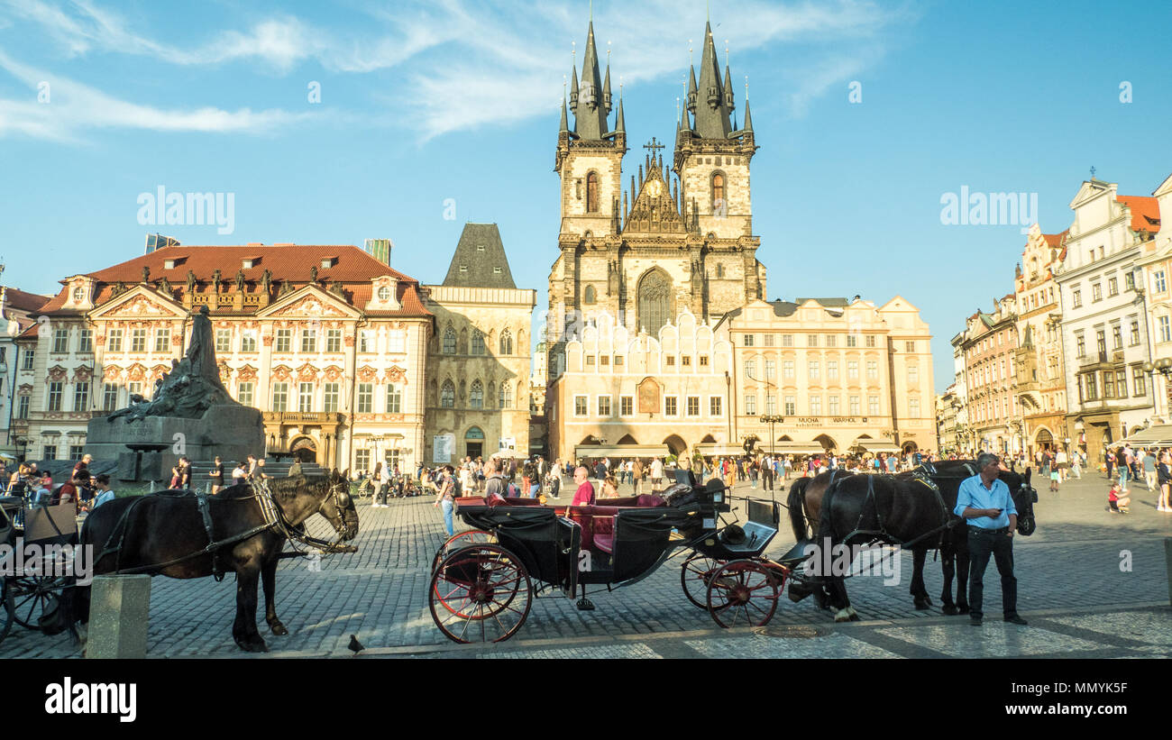 Old Town Square with the twin spires of the Gothic 'Church of Our Lady before Tyn', Prague, Czech Republic. Stock Photo