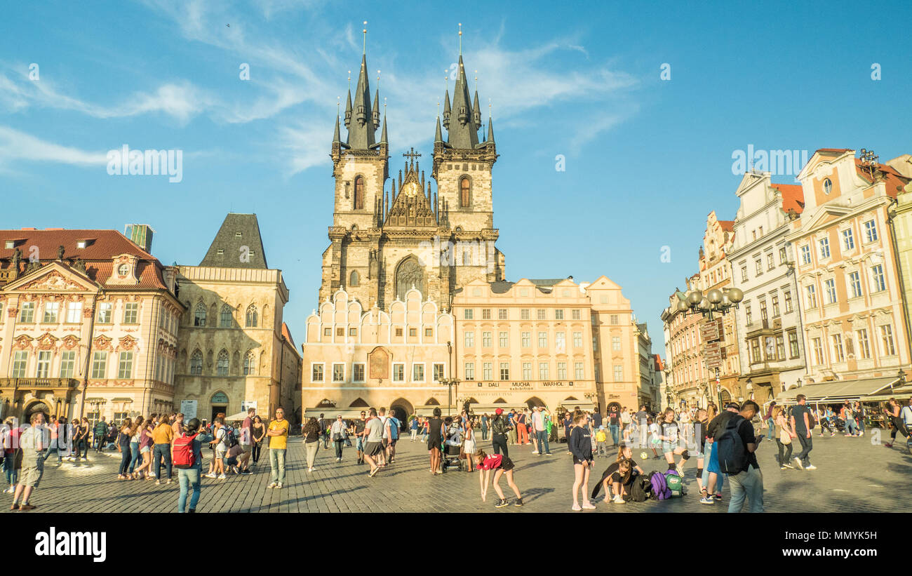 Old Town Square with the twin spires of the Gothic 'Church of Our Lady before Tyn', Prague, Czech Republic. Stock Photo