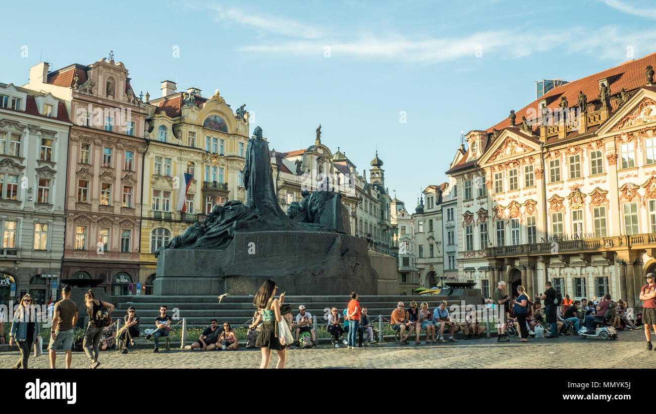 Old Town Square & the Jan Hus memorial, Prague, Czech Republic. Stock Photo