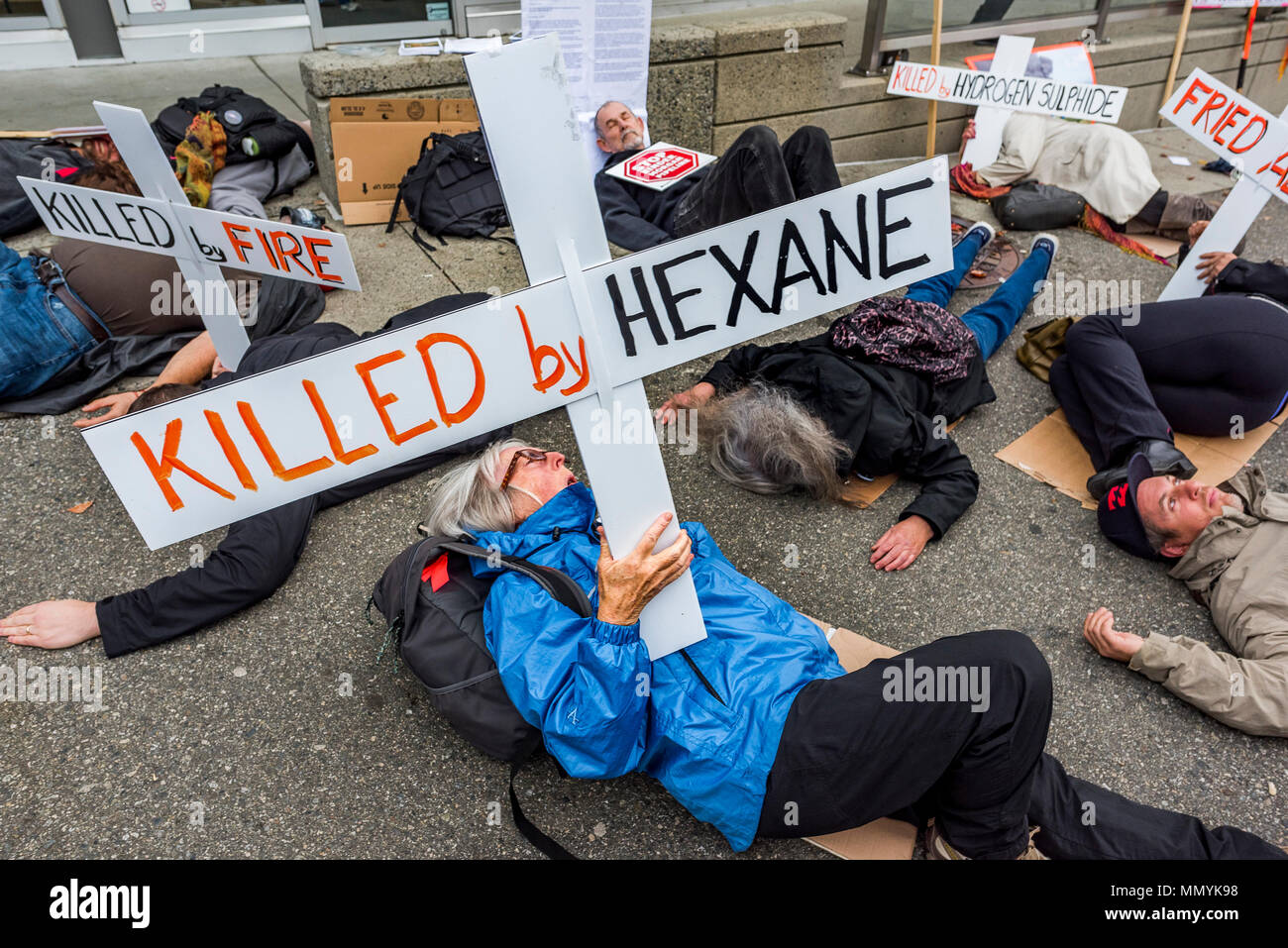 Kinder Morgan Die-in, outside Public Safety Canada office, Burnaby, British Columbia, Canada Stock Photo