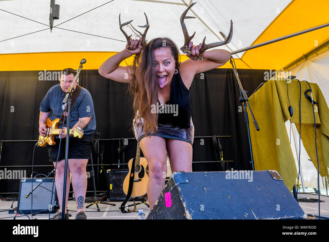 Inuit singer and storyteller Tiffany Ayalik of the duo Quantum Tangle tells a scary inuit tale at the Canmore Folk Music Festival, Canmore, Alberta, C Stock Photo