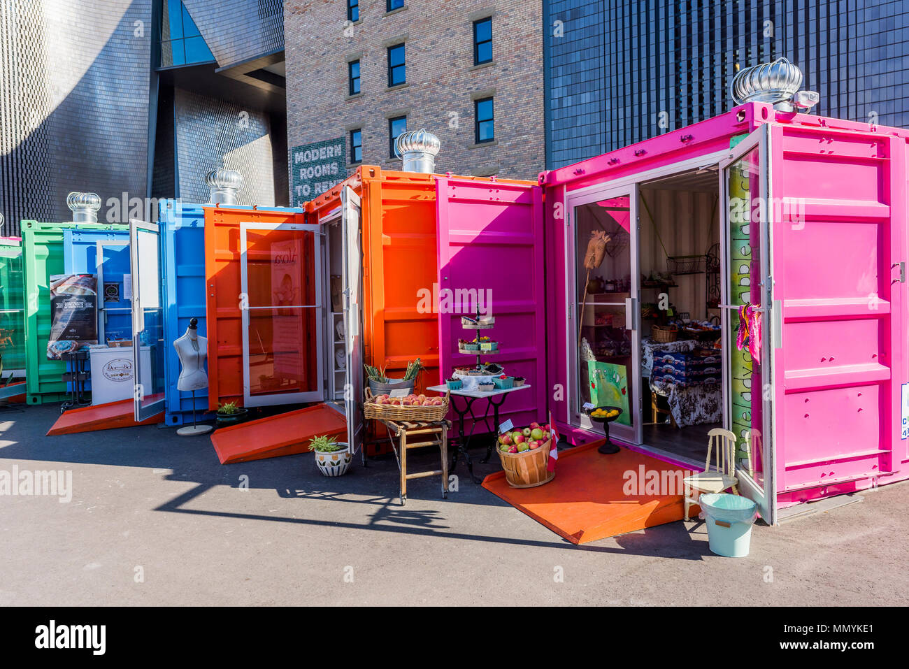 East Village Junction Pop up retail park, an innovative shipping container shopping hub , East Village, Calgary, Alberta, Canada Stock Photo
