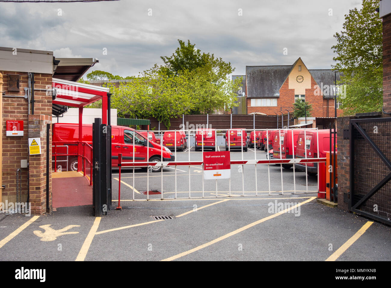 A barrier at the entrance to the car park at The Queen Elizabeth Royal Mail Delivery Office in Windsor Stock Photo