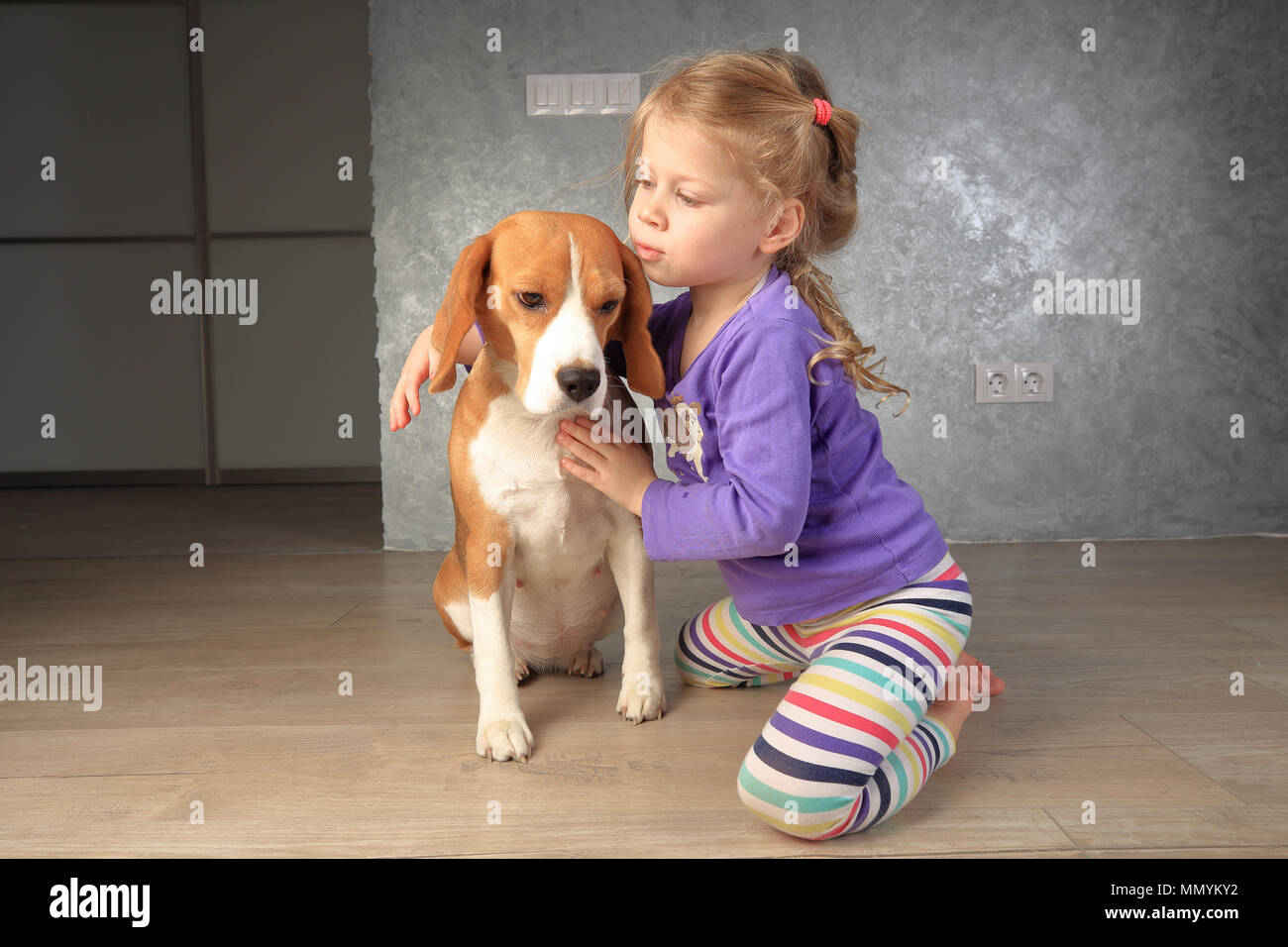 Little girl and dog are the best friend. Girl hugging her beagle close-up view. Stock Photo
