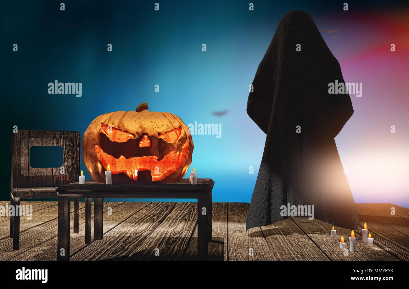 Halloween pumpkin and dark demon ghost at wooden planks 3d rendering ...