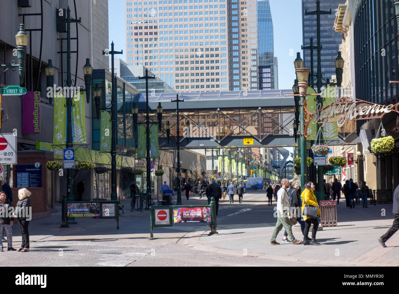 Stephen Avenue Mall in downtown Calgary, Alberta. Portions close during the work week to allow for pedestrian traffic. Stock Photo