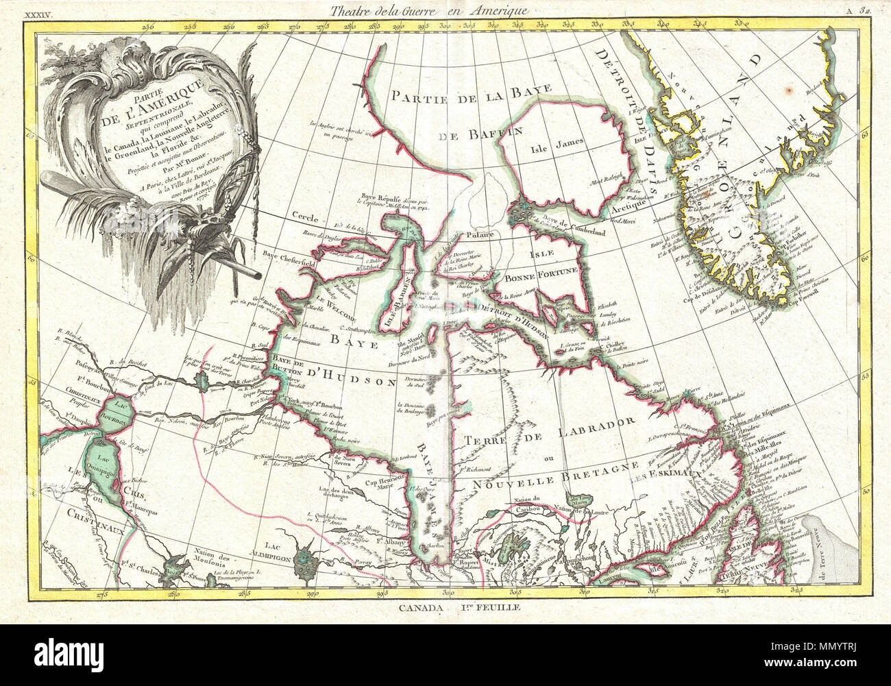 .  English: This is an important map of the Hudson Bay and the surrounding areas issued in 1776 by the French cartographer Rigobert Bonne. Covers much of what is today northeastern Canada from Lake Winnipeg to Greenland including all of Hudson Bay. This region was a hotbed of exploration throughout the 18th century. French and English concerns in the New World were desperate for access to the Pacific and the rich Asian markets. These markets had long been dominated by the Spanish who had easy access to the Pacific via Mexico and South America. The French and English set their hopes on a Northw Stock Photo