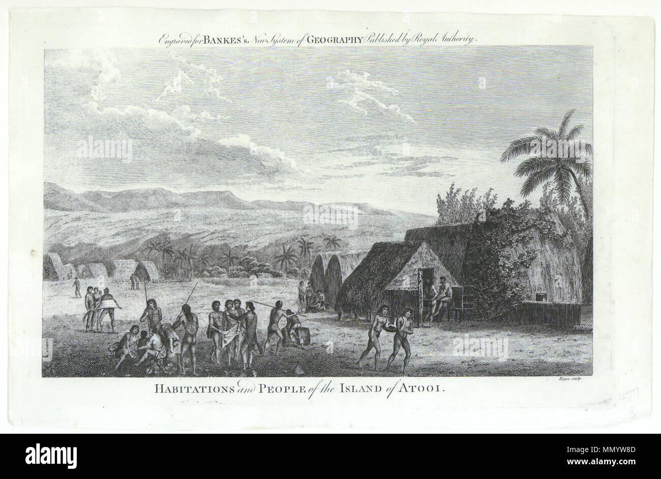 . A beautiful copper plate engraving from Reverand Thomas Bankes' New Ssystem of Geography, published in London circa 1787. Based on a John Webber drawing from Captain Cook's Third Voyage. Text above the image reads: Engraved for Bankes's New System of Geography Published by Royale Authority. Titled below image, Habitations and People of the Island of Atooi. 'Royce sculp.' in bottom right below image.  . circa 1787. Engraved by Thomas Bankes; based on a 1778 etching by  John Webber  (1751–1793)     Alternative names Johann Wãber; Johann Wäber; R.A. Webber; Weeber; Webber; R. A. Webber  Descrip Stock Photo