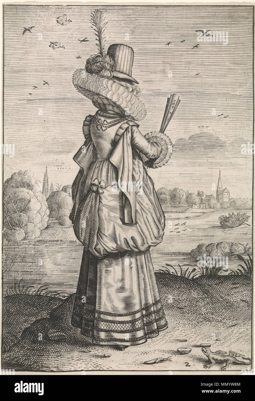 .  English: Plate from Habitus et cultus Matronarum Nobilu et Rusticarum (Clothing and Manners of Noblewomen and Countrywomen). woman in the fashionable dress of ca. 1620  Nederlands: Elegante dame bij hagedis . between 1619 and 1623.   After Dirck Hals  (1591–1656)    Alternative names Dirck Franchoisz. Hals, Dirk Hals  Description Dutch painter and draughtsman  Date of birth/death 19 March 1591 (baptised) 17 May 1656 (buried)  Location of birth/death Haarlem Haarlem  Work period 1618–1656  Work location Haarlem (1618–1656), Leiden (1641–1642, 1648–1649)  Authority control  : Q759486 VIAF:?71 Stock Photo