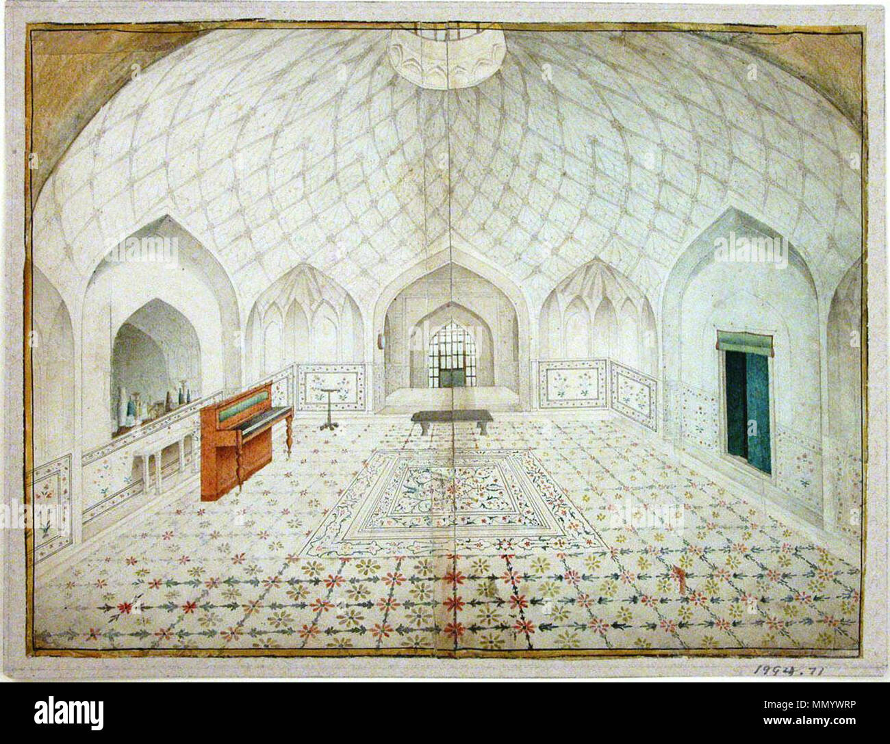 .  English: Interior of the Hammam at the Red Fort, Delhi, furnished according to English Taste. Object Name: Illustrated single work Date: ca. 1830–40 Geography: India, Delhi Culture: Colonial British Medium: Opaque watercolor on paper Dimensions: H. 9 1/8 in. (23.2 cm) W. 12 1/8 in. (30.8cm) Classification: Codices Credit Line: Louis E. and Theresa S. Seley Purchase Fund for Islamic Art, 1994 Accession Number: 1994.71.  . circa 1830–40 or after 1857. Unknown Hammam Red Fort interior Stock Photo