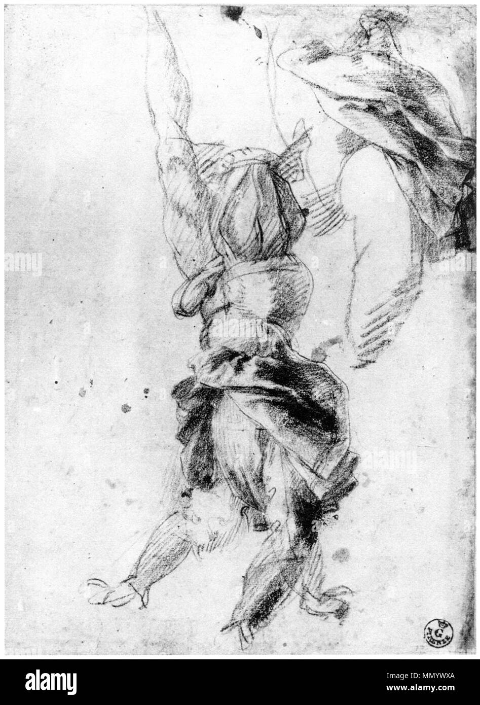 . English: Drawing, in red chalk on white paper, of a man hanged by one foot. This was a preparatory sketch for a pittura infamante or shame painting. It is located in the Galleria degli Uffizi, Florence, Italy. Hanging by one foot was a method of execution, prolonged and particularly degrading. In Germany it was usually associated with Jews and called the 'Jewish Execution', while in Italy it was usually associated with traitors. Shame paintings, depicting such hanging in effigy, were common in some parts of Italy, including Florence. Andrea del Sarto drew seven such images which have survive Stock Photo