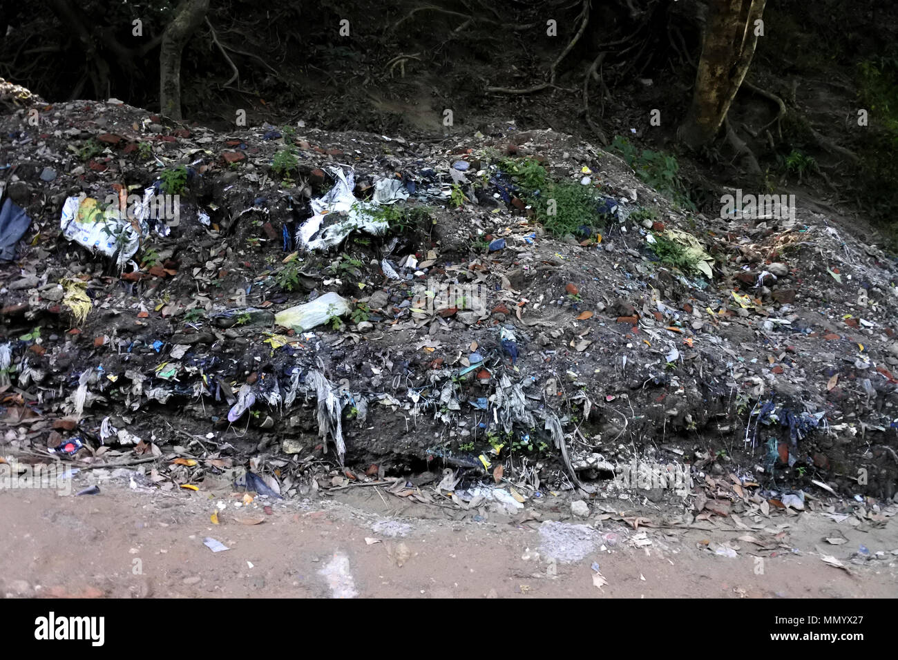 Fly tipping of rubbish all kinds in a country lane, Kathmandu, Nepal