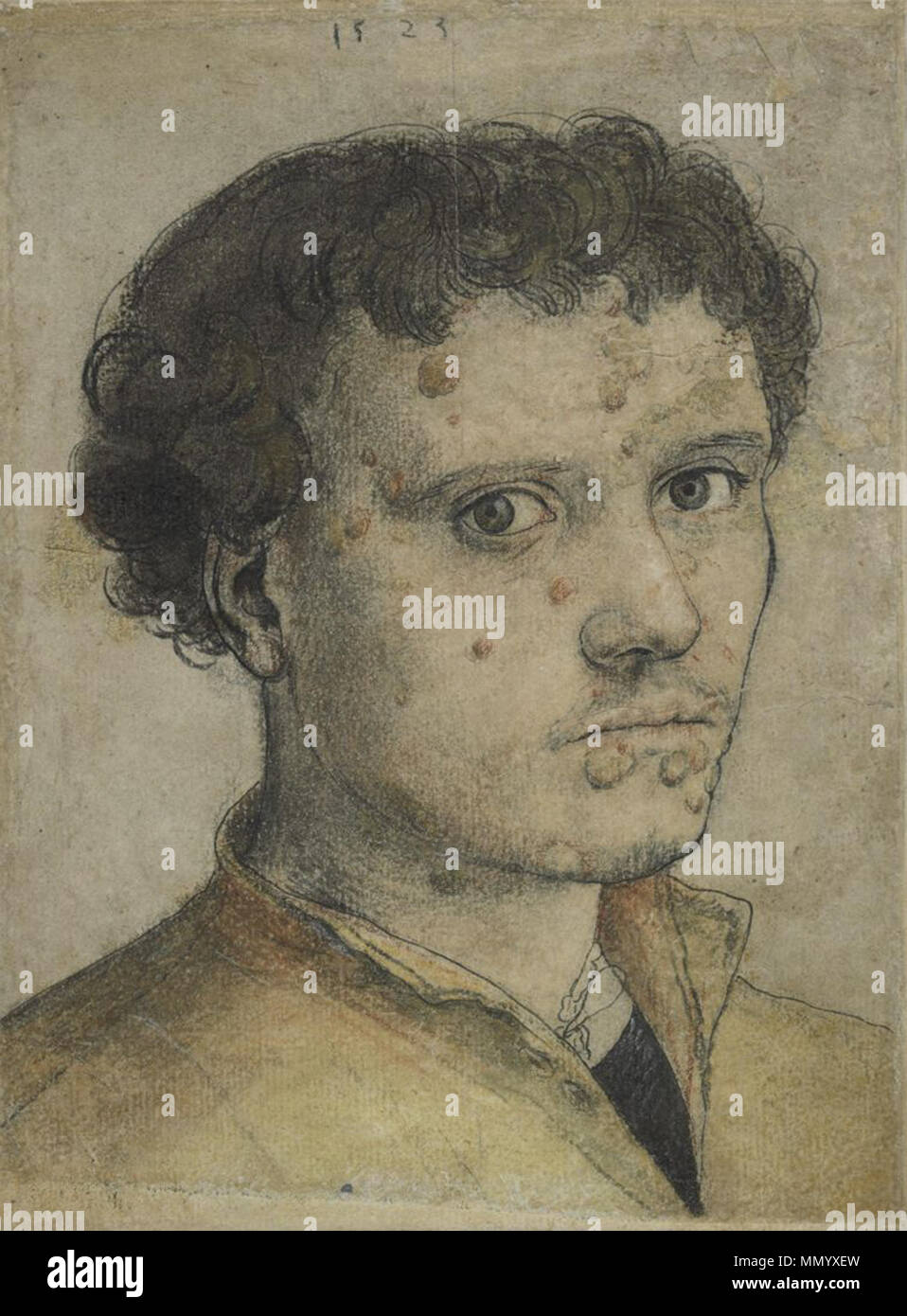 . English: Head of a Young Man, 20.5 x 15.2 cm (8 1/16 x 6 in.), drawing, 1523, black and gray ink and black, red, yellow, and white chalk, stumped, on cream antique laid paper, heavily restored. Fogg Museum, 1949.2  . 1523.   Hans Holbein  (1497/1498–1543)       Alternative names Hans Holbein der Jüngere, Hans Holbein  Description German painter and draughtsman  Date of birth/death 1497 or 1498 between 7 October 1543 and 29 November 1543  Location of birth/death Augsburg London  Work location Basel (1515-1526), Lucerne (1515-1526), Venice (1515), Bologna (1515), Florence (1515), Rome (1515),  Stock Photo