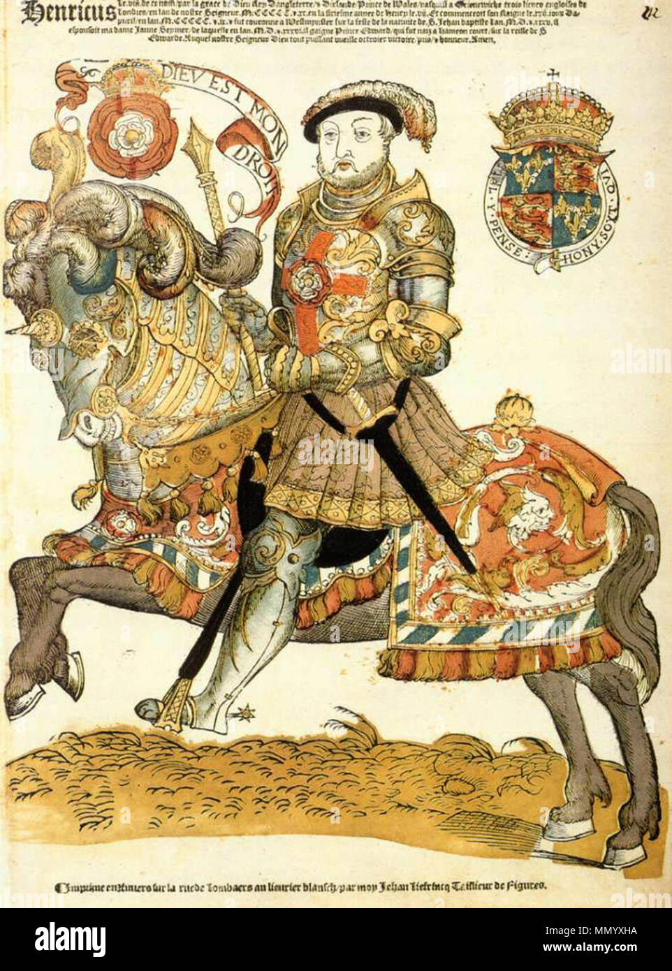 . Henry VIII of England on Horseback. Hand-coloured woodcut.  . between 1561 and 1599.   Hans Liefrinck  (1538–1599)    Alternative names Jan Liefrinck Johannes Cornelisz. Liefrinck Hans Cornelisz. Liefrinck  Description Flemish cartographer, printmaker, painter and draughtsman  Date of birth/death circa 1538 25 January 1599 (buried)  Location of birth/death Leiden  Work location Leiden (1561-1599), Antwerp (1588-1589)  Authority control  : Q18516544 VIAF:?96371163 ULAN:?500094071 BPN:?34969565 RKD:?461603 Hans Liefrinck 001 Stock Photo