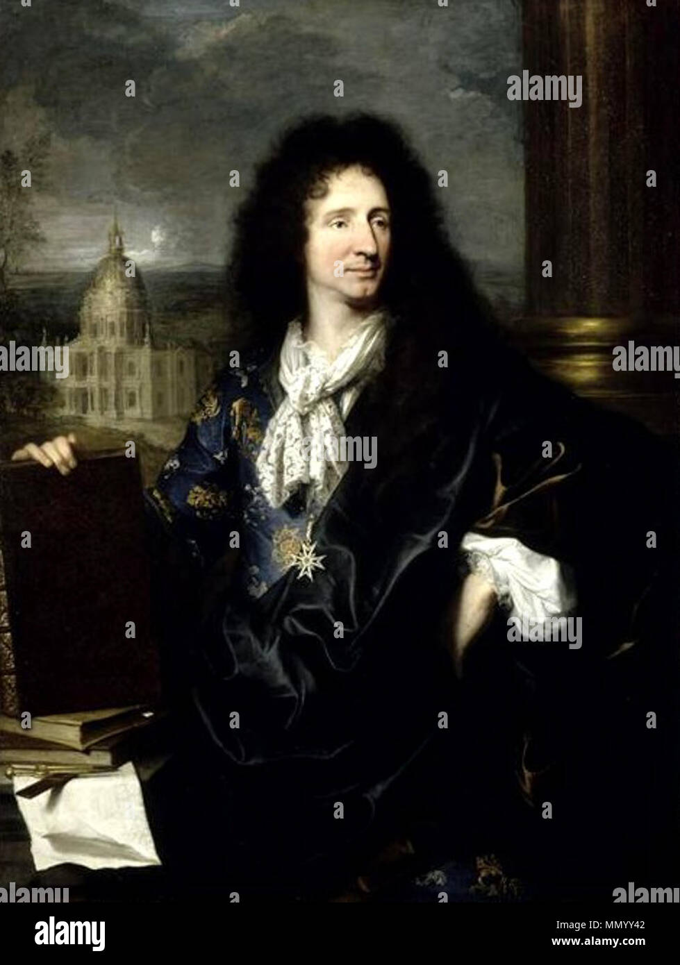 Portrait d'homme, à mi-corps, de trois-quart. Jules Hardouin-Mansart  (1646-1708), Premier architecte du Roi. 1843 d'après un original datant de  1685.. Hardouin-Mansart, Jules Stock Photo - Alamy