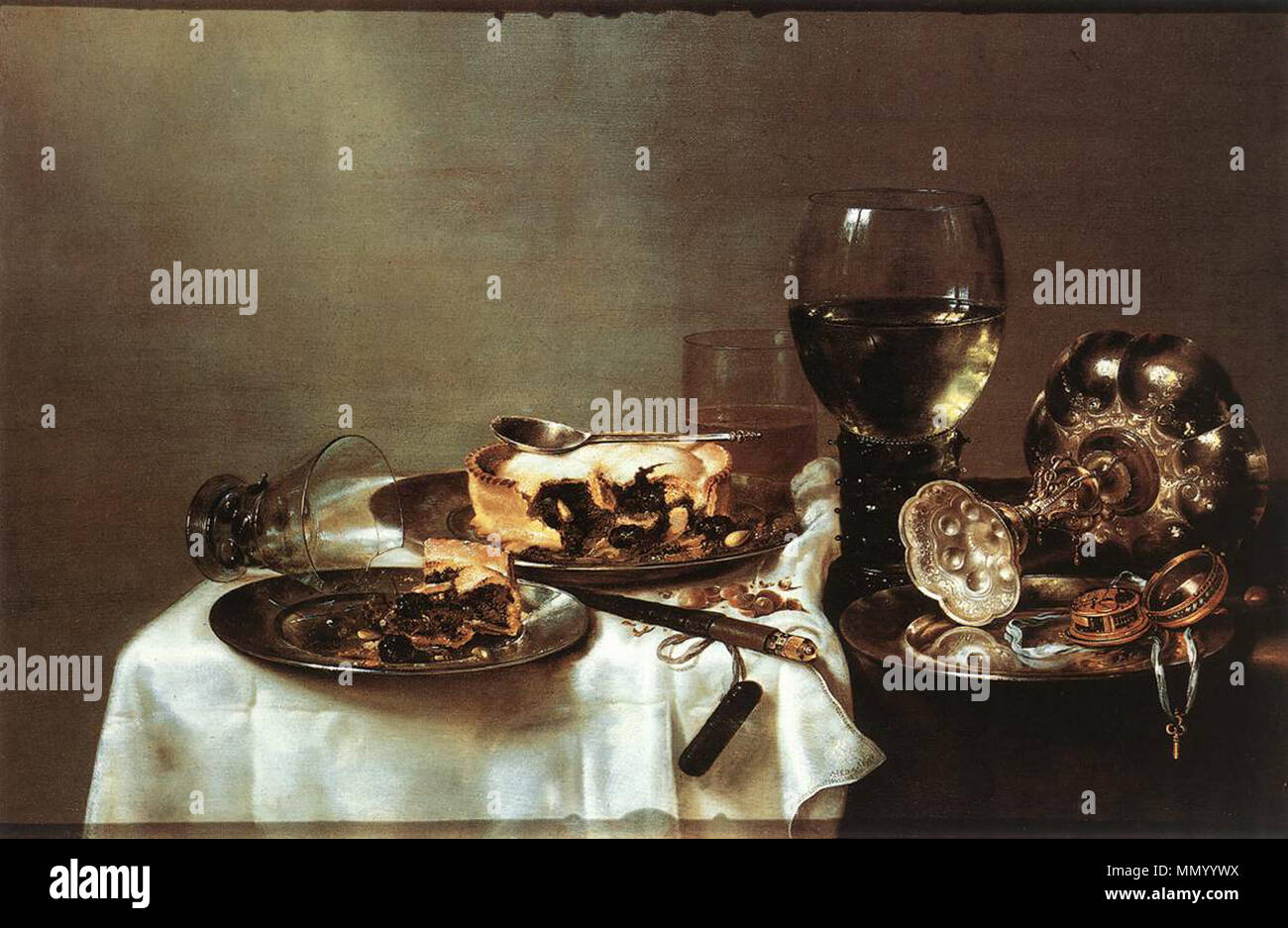 . Still Life  Breakfast Table with Blackberry Pie. 1631. Heda, Willem Claeszoon - Breakfast Table with Blackberry Pie - WGA Stock Photo