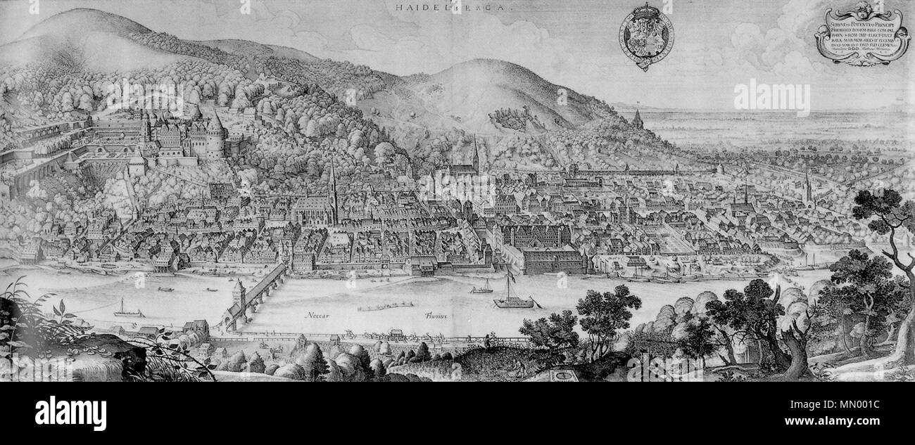 historic views of Heidelberg, Germany. 1620. Heidelberg-Panorama von Matthaeus Merian 1620 Stock Photo