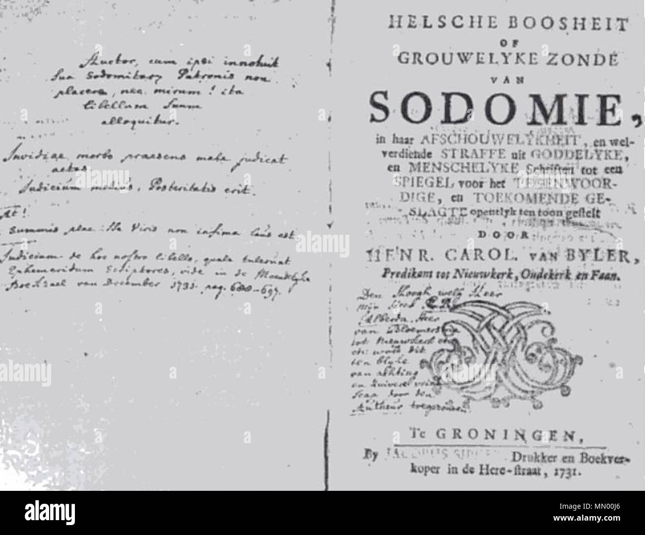 .  Nederlands: 'Helsche boosheit of grouwelyke zonde van Sodomie'. Het pamflet van dominee Henricus Carolinus van Bijler dat Rudolf de Mepsche aanzette tot het laten ophangen van 22 mensen die verdacht werden van 'sodomie' (homoseksaliteit) in 1731 in Zuidhorn (Groningen, Nederland)  Italiano: Frontespizio dell'opuscolo (1731) del pastore Henricus Carolinus van Bijler (Henricus Carel van Buyler), Helsche boosheit of grouwelyke zonde van Sodomie (Infernale mlavagità del terribile peccato di sodomia) che giustifica l'azione di Rudolf de Mepsche, che nel 1731 da solo condannò a morte per sodomia  Stock Photo