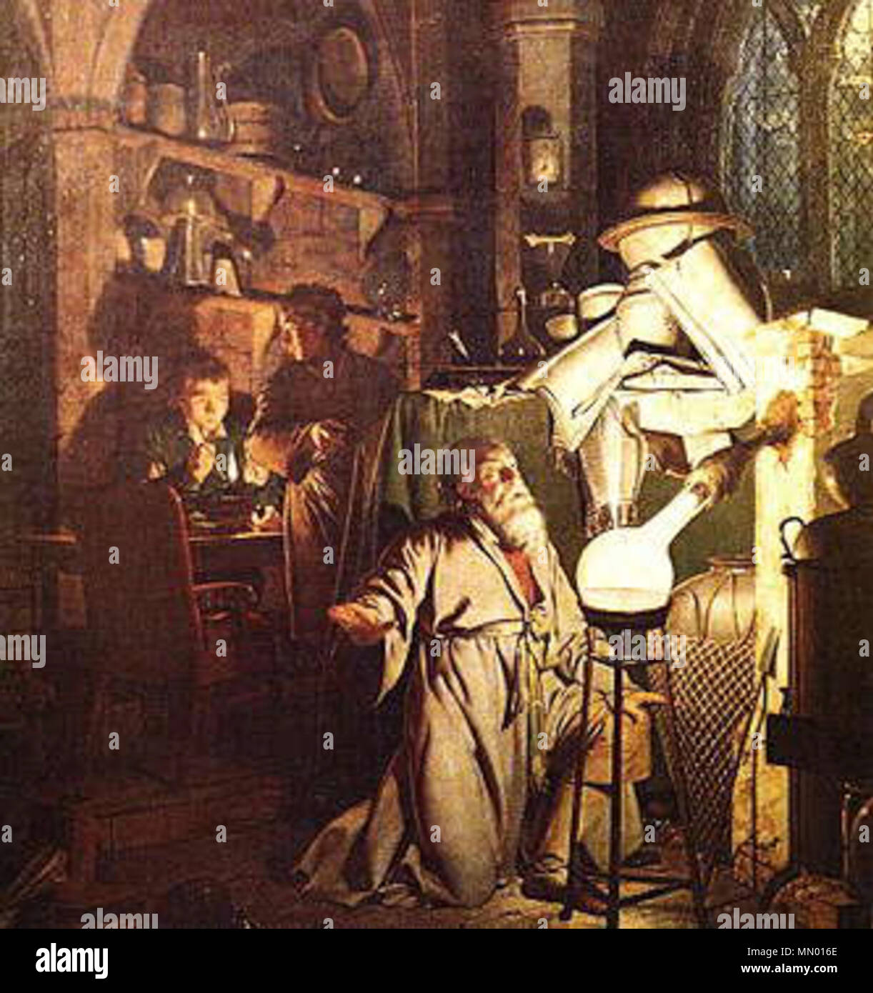 the painting illustrates the discovery of phosphorus by Hennig Brand in 1669. The Alchemist in Search of the Philosopher's Stone. 1771.