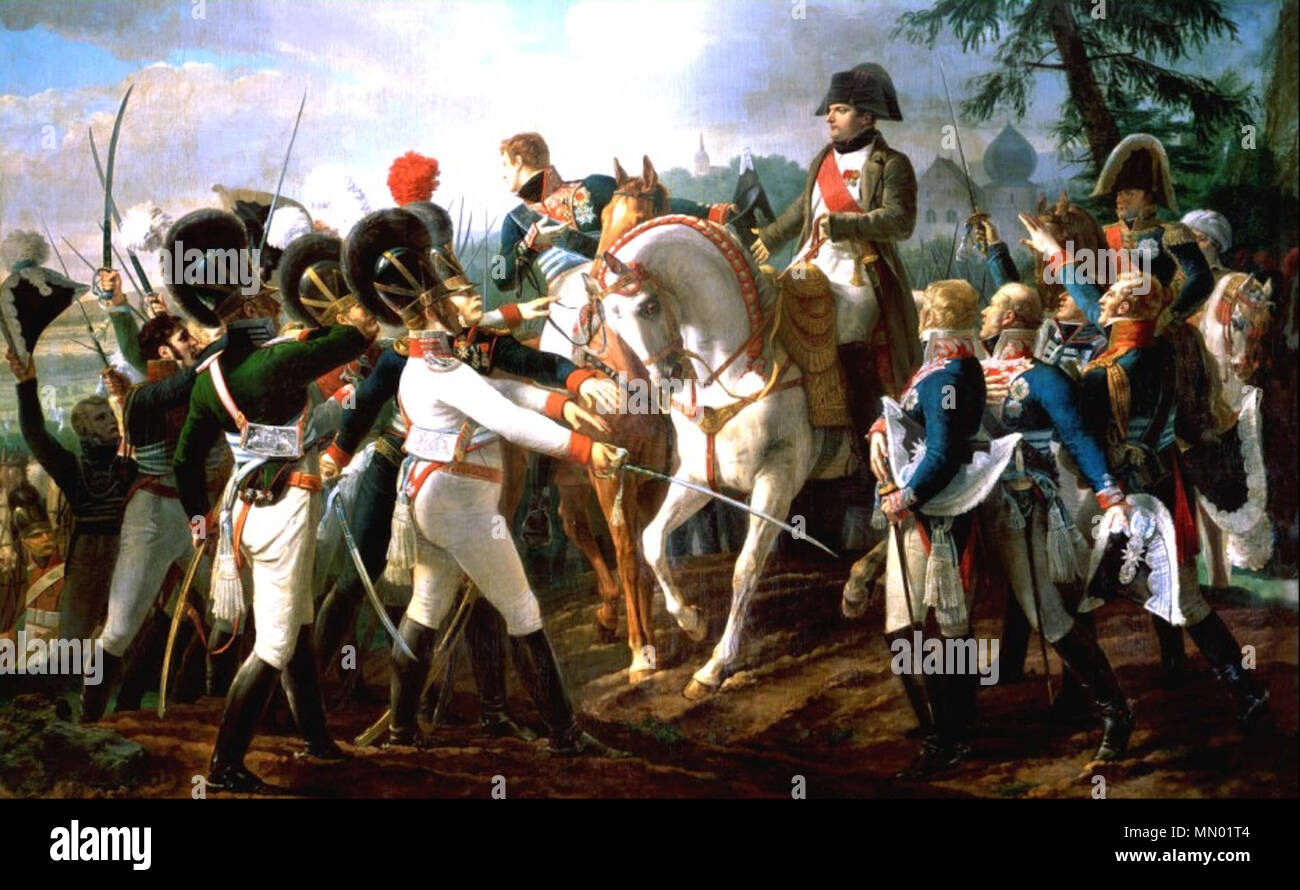 Français : Napoléon harangue les troupes bavaroises et wurtembourgeoises à Abensberg, 20 avril 1809. 1810. Abensberg Stock Photo