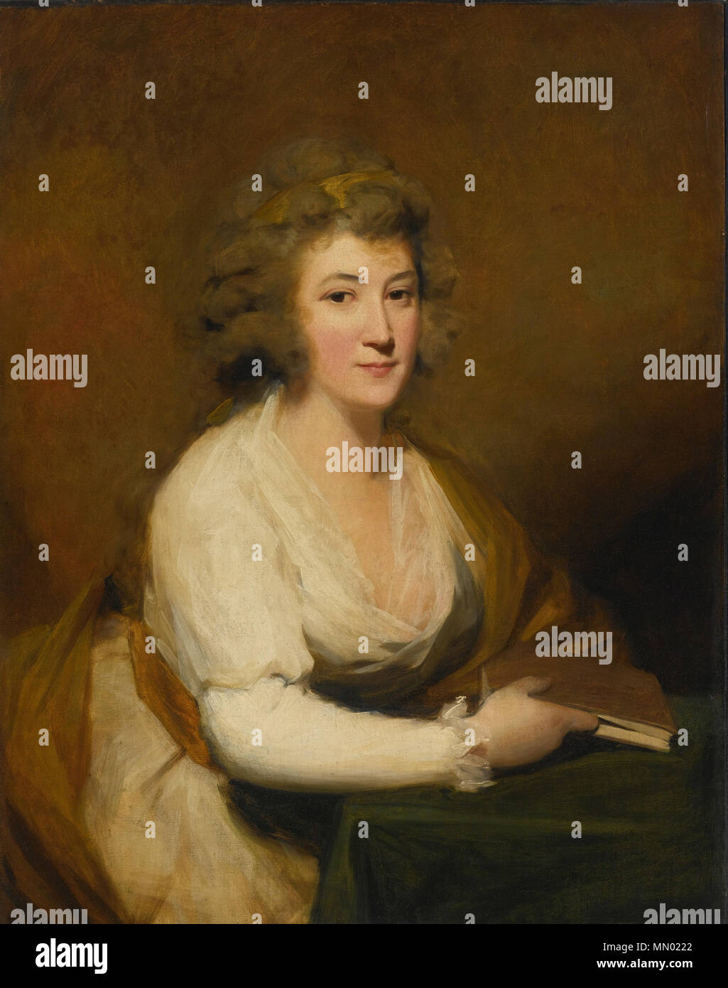 . Portrait of Lady Nasmyth, in a white dress and brown shawl, seated at a table, holding a book oil on canvas 91.4 by 71.8 cm. Eleanor Murrary (d. 1807), was the second daughter of John Murray of Philiphaugh. She married Sir James Nasmyth of Posso in 1785.  . 18th century.   Henry Raeburn  (1756–1823)     Description British painter  Date of birth/death 4 March 1756 8 July 1823  Location of birth/death Stockbridge, Edinburgh Edinburgh  Work location Edinburgh, London  Authority control  : Q561916 VIAF:?24874387 ISNI:?0000 0000 6634 371X ULAN:?500032325 LCCN:?n83013586 NLA:?36306862 WorldCat He Stock Photo