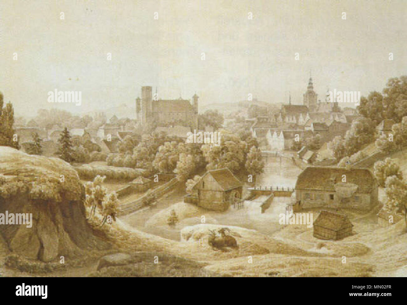 . Hulsberg/Belgien?  View of a city on the river. 1853. Hermann Gemmel Ansicht einer Stadt am Fluss Stock Photo