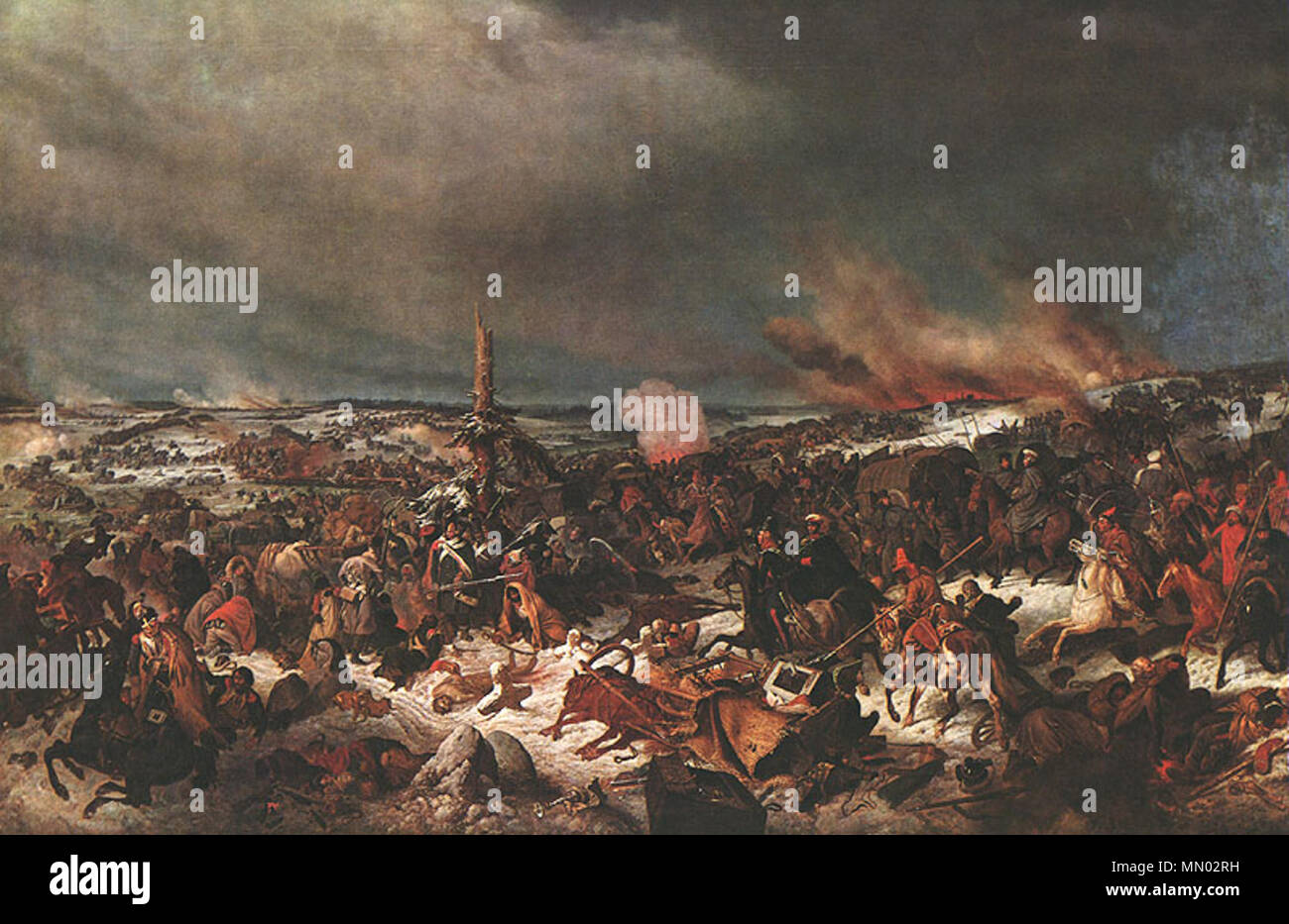 . The remains of Napoleons 'Grande Armee' do battle with the armies of Russian Czar Alexander I, at the Berezina river. The French managed to cross the river, but incurred heavy casualties. It was the last battle of Napoleons failed attempt to invade the Russian Empire.  Crossing the Berezina River on 17 November 1812. 1844. Hess Berezina Stock Photo