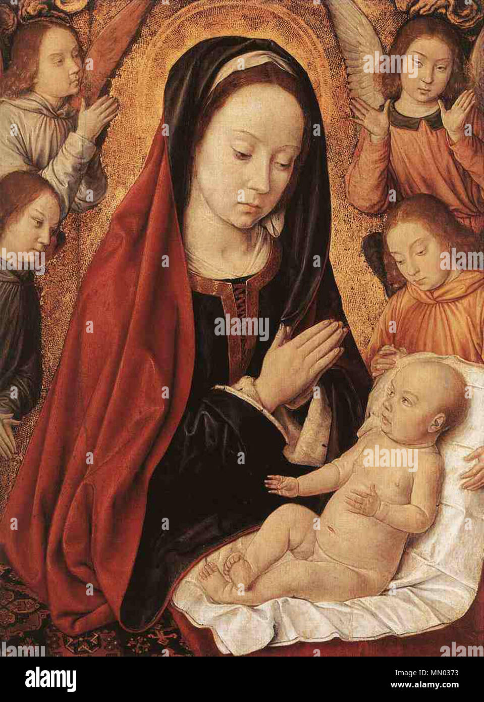 . English: Madonna and Child Adored by Angels Oak, 38,5 x 29,5 cm Mus้es Royaux des Beaux-Arts, Brussels  . circa 1490.   Jean Hey  (fl. circa 1480–1500)    Alternative names Jean Hay, Jean Hey, Jehan de Paris, Master of Moulins, Master of the Bourbons, Jean Prévost (?)  Description French painter and illuminator  Date of birth/death 15th century after 1505  Work period circa 1480-1500  Work location Northern France (circa 1480-1500), Lyon (1471-1497) (?)  Authority control  : Q1268739 VIAF:?65306105 ISNI:?0000 0000 8251 6385 ULAN:?500145637 LCCN:?n80081639 NLA:?35902588 WorldCat Hey Maddonna  Stock Photo