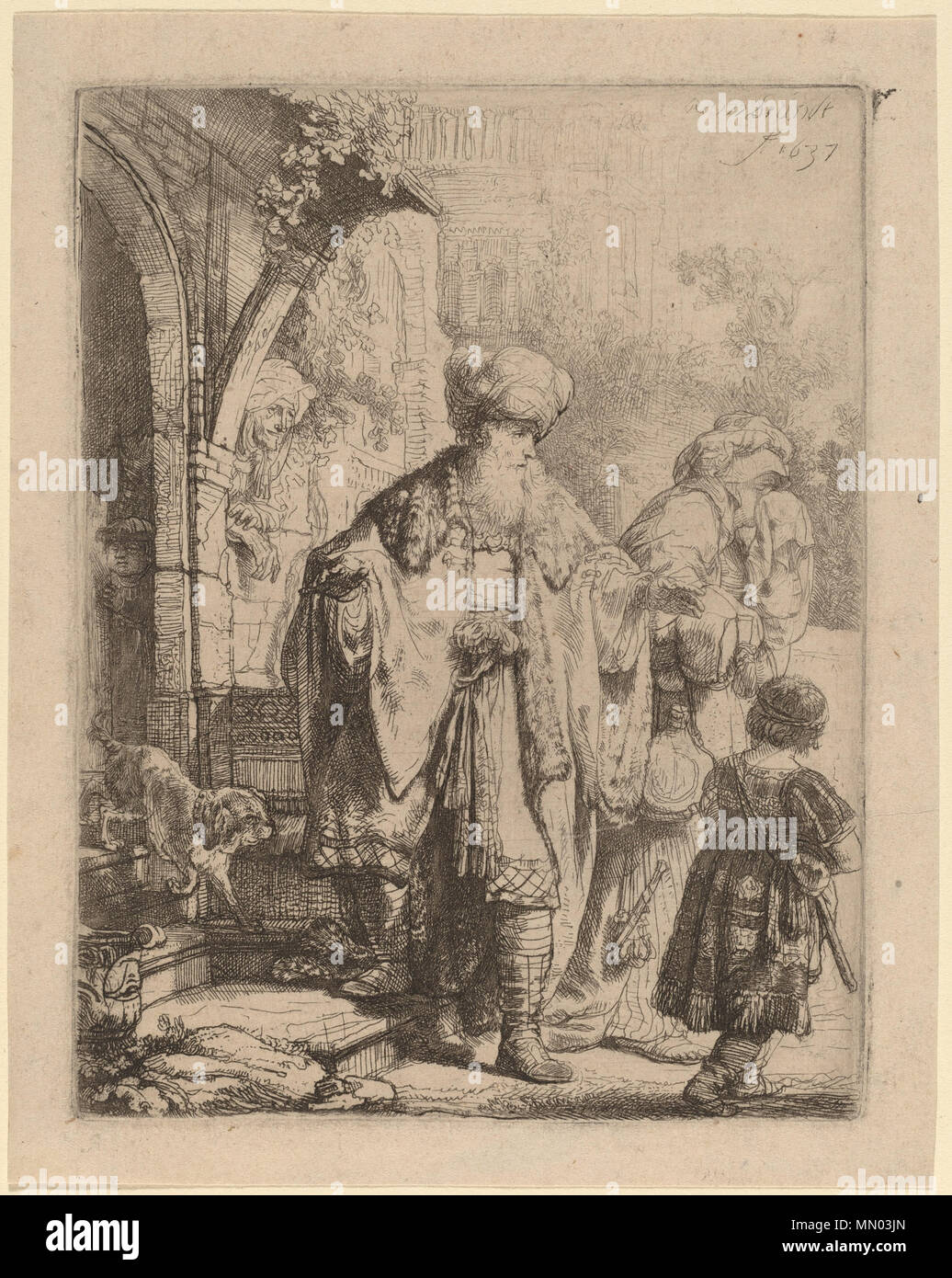 Print; etching with touches of drypoint; plate: 12.7 x 9.7 cm (5 x 3 13/16 in.) sheet: 14.3 x 11.4 cm (5 5/8 x 4 1/2 in.); Abraham Casting Out Hagar and Ishmael Stock Photo