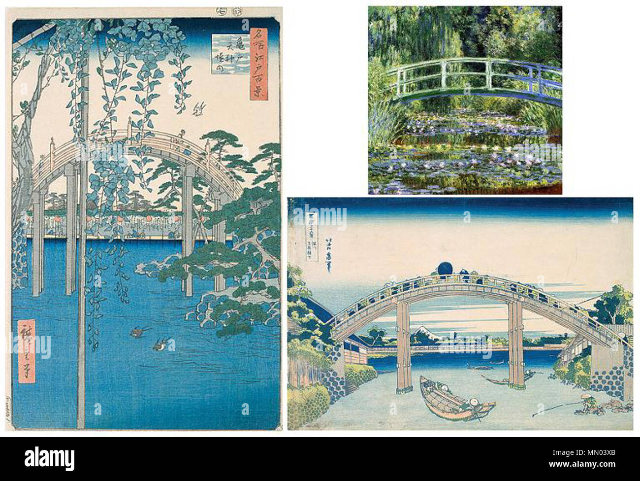 .  Left: Hiroshige, Interior of the Kameido-Tenjin Shrine (Tokyo) Right, Down: Hokusai, Under the Mannen Bridge in Fukagawa, Top: Claude Monet, Pond of water lilies, harmony in green. The original description page was [//fr.wikipedia.org/w/index.php?title=File:À gauche : Hiroshige, À l'intérieur du sanctuaire Kameido-Tenjin (à Tokyo) ; à droite, en bas : Hokusai, Sous le pont Mannen à Fukagawa ; à droite, en haut : Claude Monet, Le Bassin aux nymphéas, harmonie verte here]. All following user names refer to fr.wikipedia. Hiroshige Hokusai Monet Stock Photo