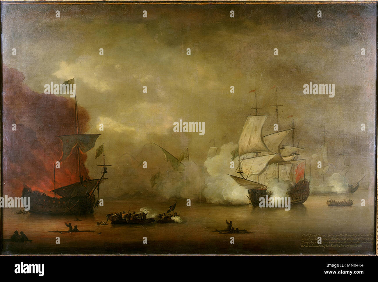 Described as 'Action between the Mary Rose and seven Algerines, 8 December 1669'. This identification cannot be correct.. The painting bears the date 1734, which went unnoticed until the 1930s.. HMS Mary Rose, Monamy Stock Photo