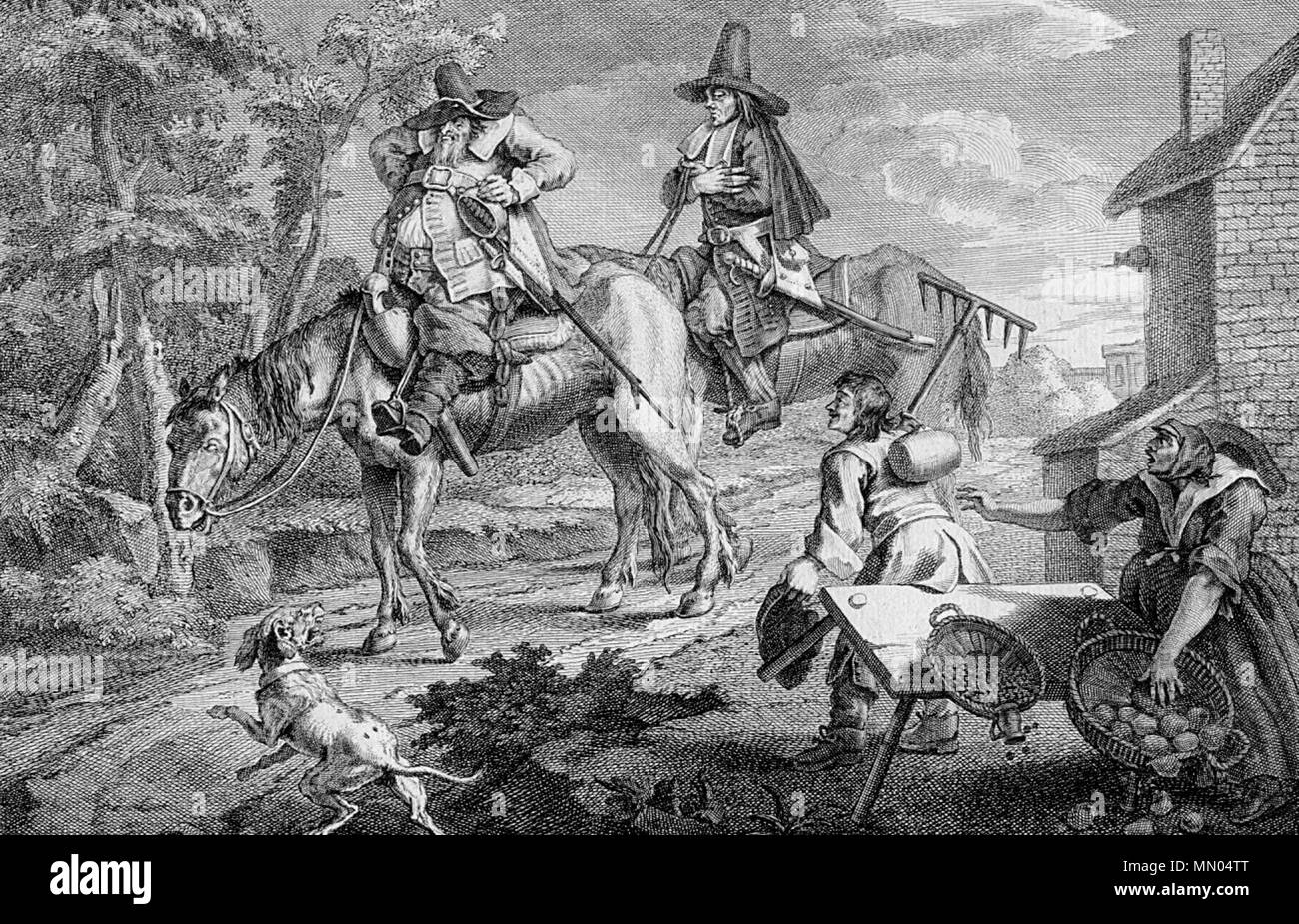 . Plate 2: a country scene with Hudibras and Ralpho mounted on emaciated horses; to left, a dog snarls at them; to right, a man holding a rake laughs and accidentally knocks over a table with baskets of vegetables to the consternation of his wife.  Sr Hudibras his passing Worth,/The manner how he sally'd forth. 1726. HogarthHudibras Stock Photo