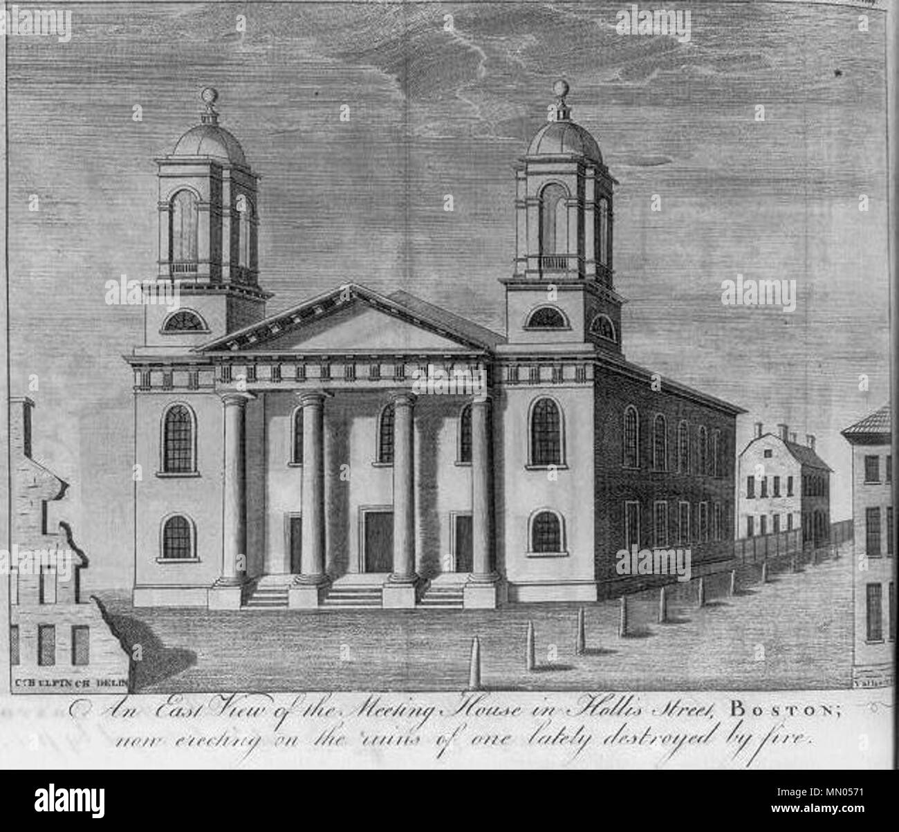 . English: An east view of the meeting house in Hollis Street, Boston, now erecting on the ruins of one lately destroyed by fire / C. Bulfinch delin. ; Vallance sc.  . 1788.  Bulfinch, Charles, 1763-1844 , artist Vallance, J. (John), 1770-1823, engraver Hollis Street Church, Boston, Massachusetts (1788) Stock Photo