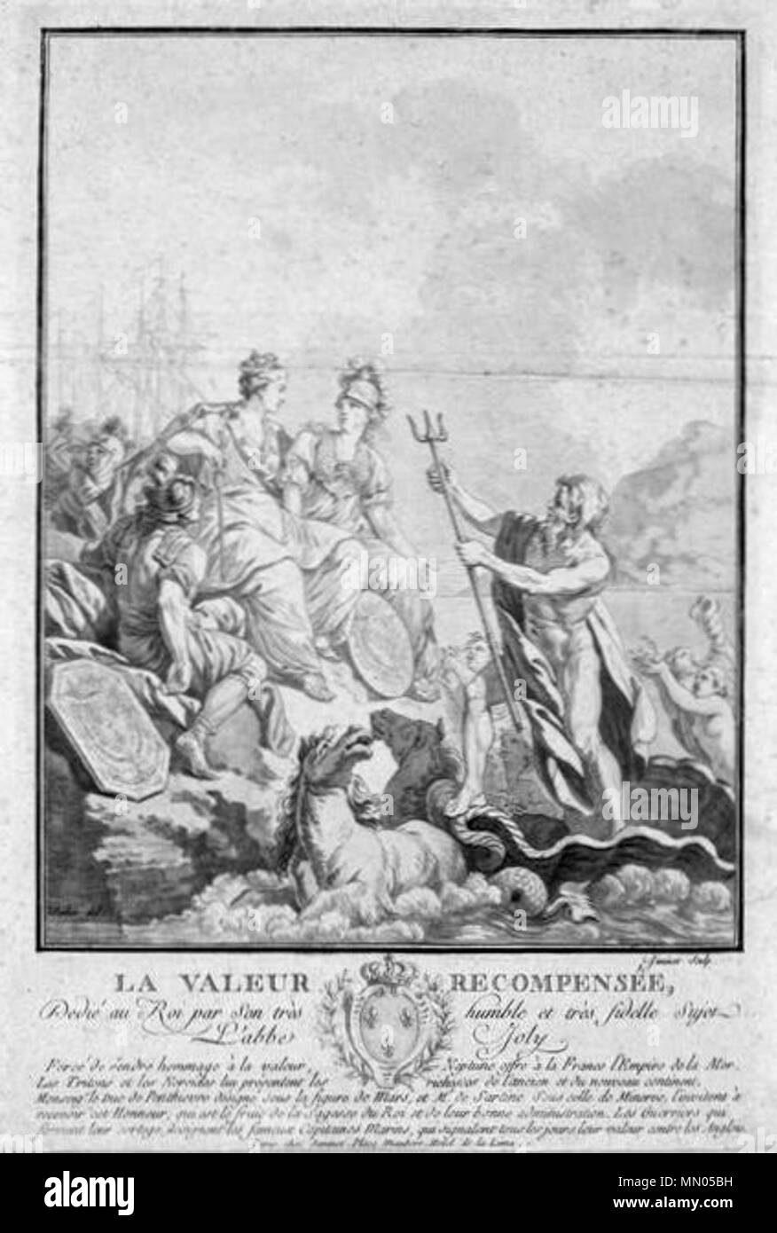 .  English: Print. 'Homage to the French Navy of the American war.' 'The value rewarded' (...) 'Forced to pay tribute to the value, Neptune gave France the empire of the sea ..' Drawing and allegorical commentary directed to acknowledge the efforts and victories of the French navy during the War of American Independence (1776-1783) and has regained its honor and power after defeats in the Seven Years War (1755 - 1763). Français : Estampe à l'eau forte. 'Hommage à la marine française de la guerre américaine.' 'La valeur récompensée' (...) 'Forcé de rendre hommage à la valeur, Neptune offre à la Stock Photo