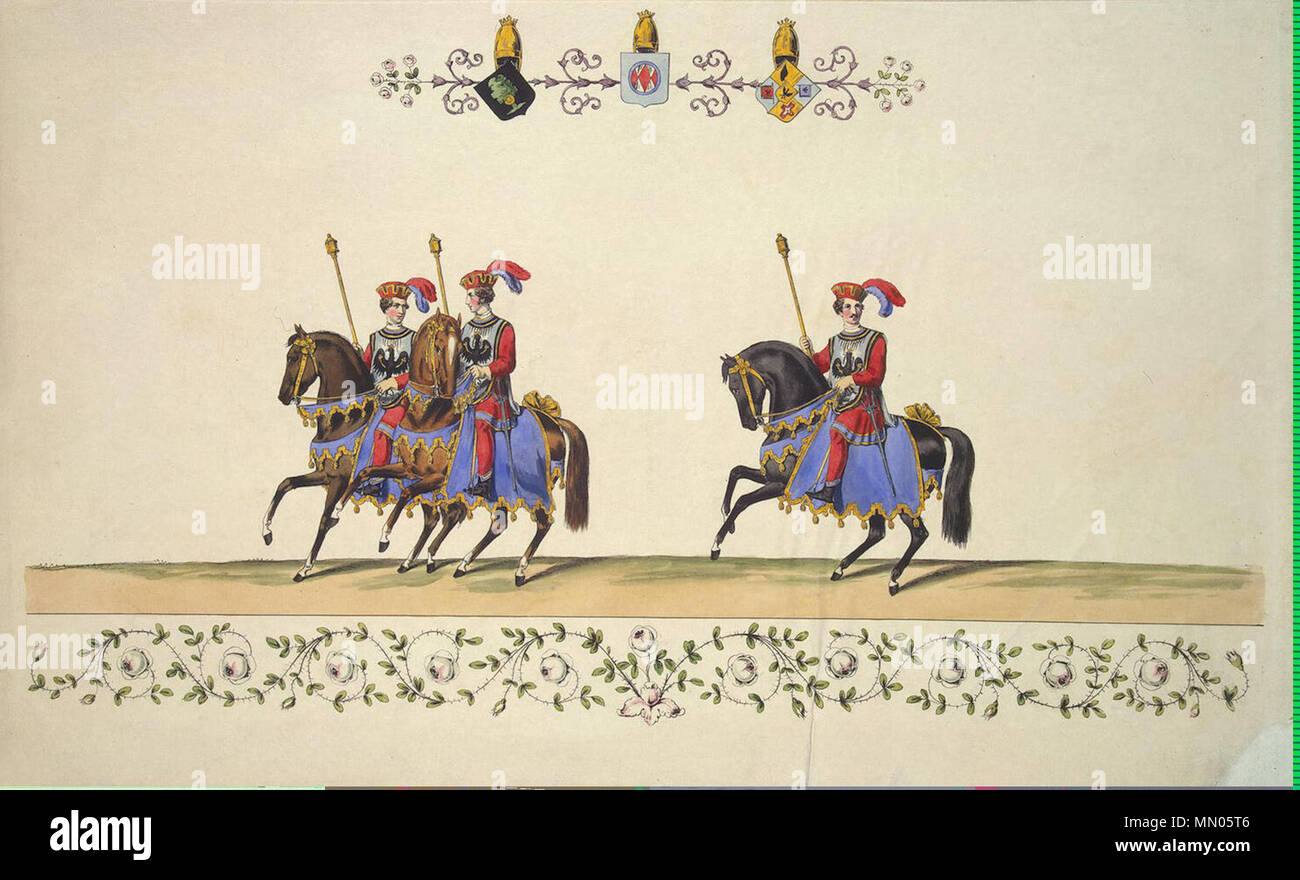 Cavalcade of Princes and Knights. Two Heralds and Heraldic King // Album: Description of the 'Magic of the White Rose' Festival, on the Occasion of the Russian Empress's Birthday. Gropius Bros. Publishers, Berlin. 1829. Hosemann Theodor - Cavalcade of Princes and Knights. Two Heralds and Heraldic King Stock Photo