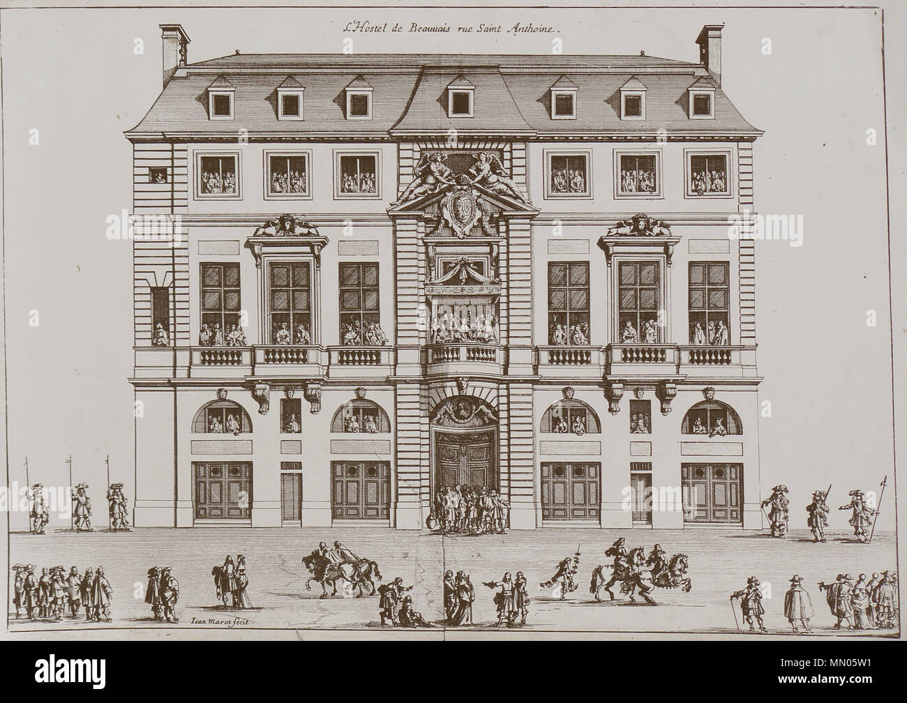 English: Engraving of the facade of the Hôtel de Beauvais (built 1654–1660?  to designs by Antoine Le Pautre), shown during the procession on the rue  Saint-Antoine which was part of the