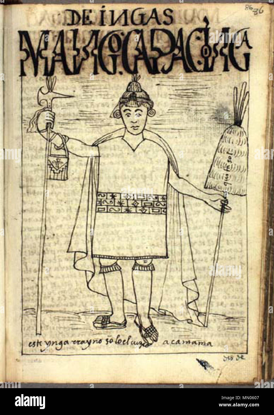 . Illustration from the book El primer nueva corónica y buen gobierno  MANGO CAPAC INGA / quitasol / Este Ynga rraynó [sic] sólo el Cuzco, Aca Mama. /. 16th century (circa 1615). Hp inka1 Stock Photo