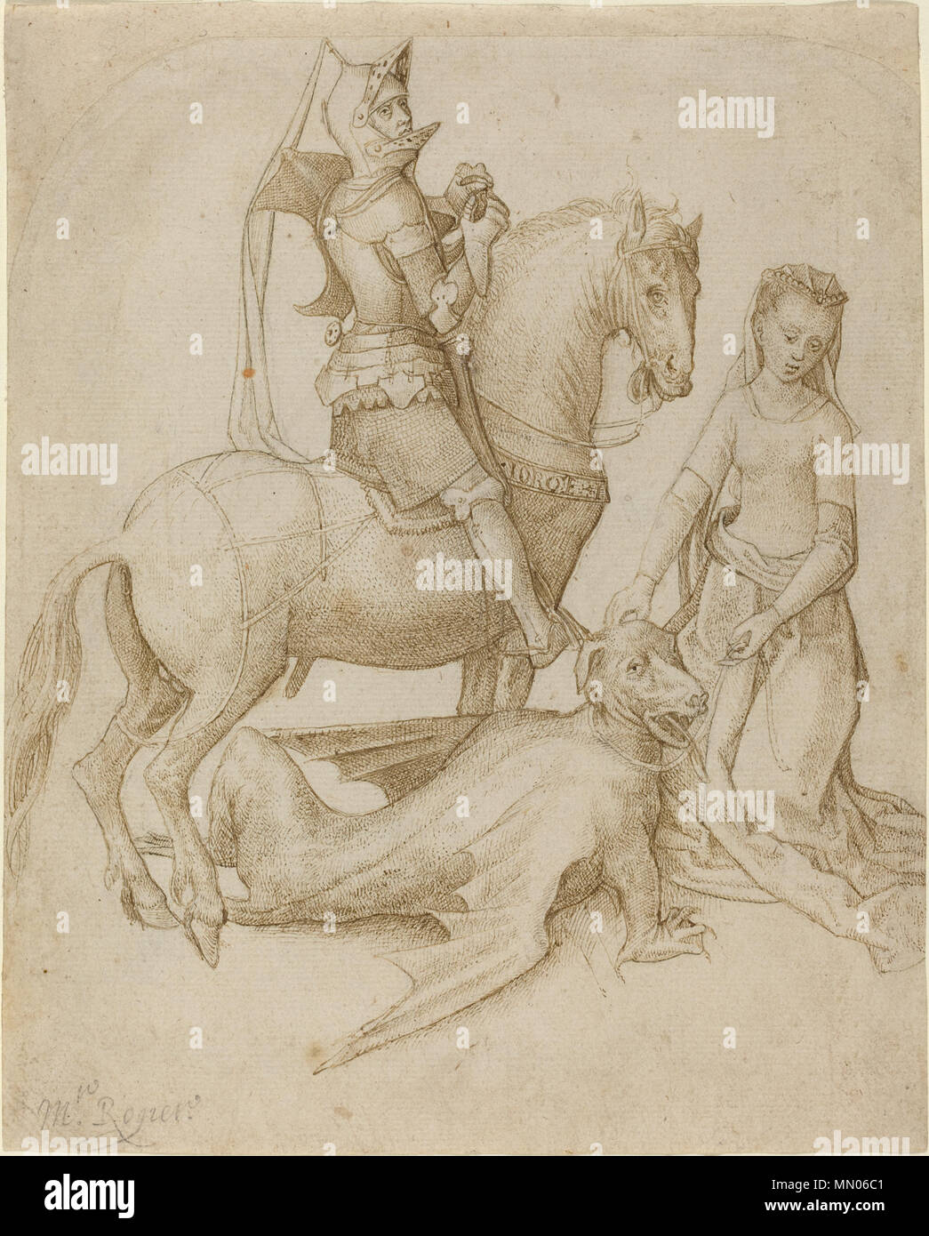 Drawing; pen and brown ink on laid paper; Overall (approximate): 20 x 16.6 cm (7 7/8 x 6 9/16 in.) support: 20.6 x 16.6 cm (8 1/8 x 6 9/16 in.); Hugo van der Goes - Saint George and the Dragon Stock Photo