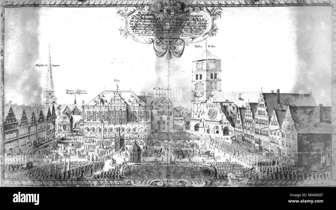 .  English: Hommage of the city of Bremen, Germany, to the swedish general Carl Gustav Wrangel in 1666 after the signing of the treaty Frieden zu Habenhausen (“Peace of Habenhausen”). The buldings around the square are depicted quite well, but the presentation of the place in all is fictional. The convex front of buldings in the west prevented the entire view. From parts of it, there was a frontal view on the western façade of the cathedral, but from nowhere exept of the adjacent street, there was a southwestern view at the church. Deutsch: Die Huldigung der Stadt Bremen vor dem schwedischen G Stock Photo