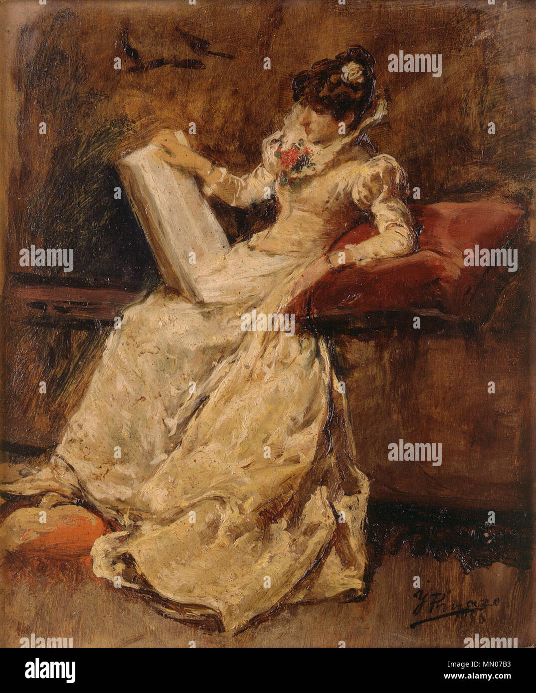 Spanish: Figura femenina sentada. 1880. Ignacio Pinazo Camarlench Figura femenina sentada Stock Photo