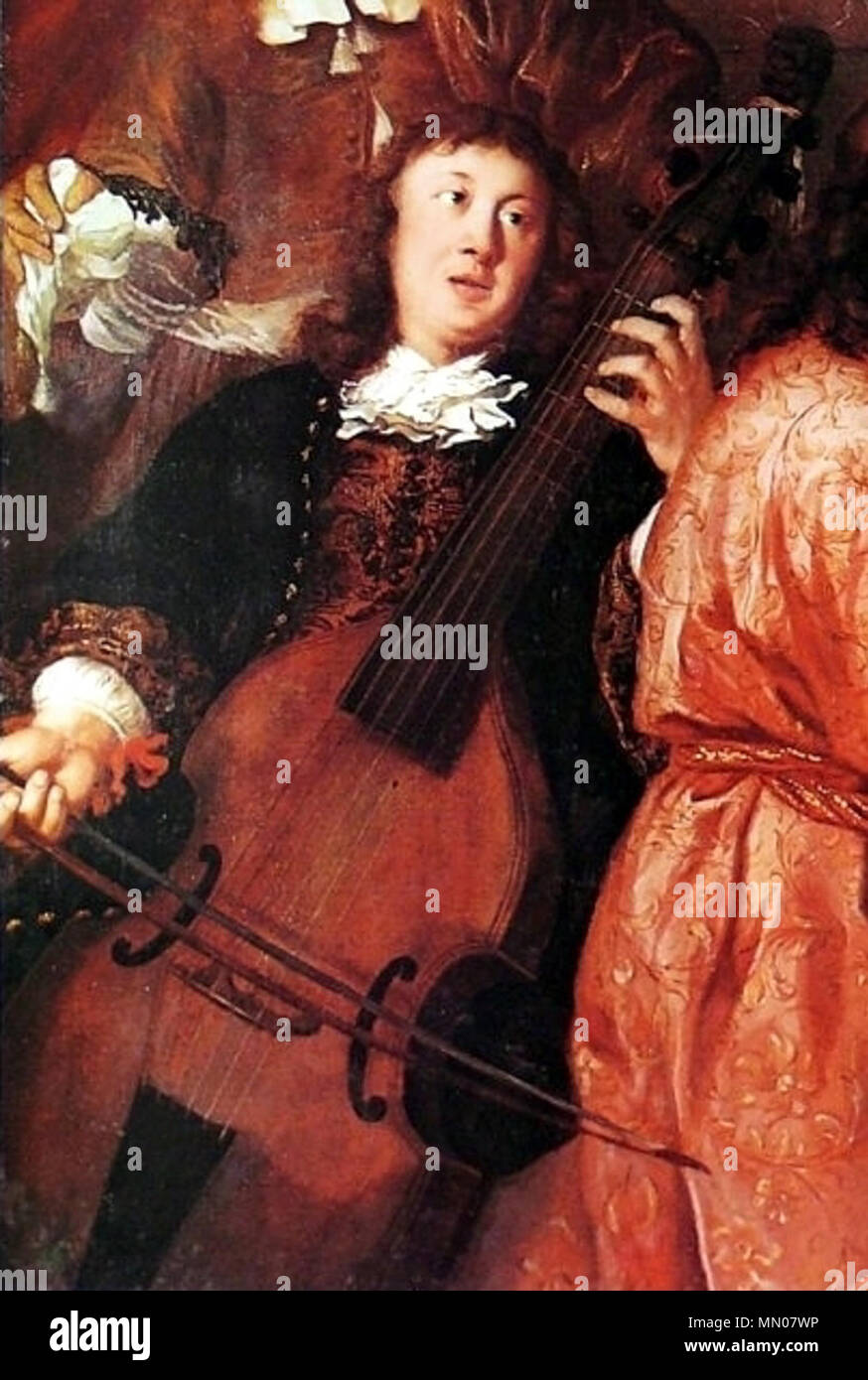 . The picture shows Dietrich Buxtehude playing a viol.  Häusliche Musikszene. detail   Johannes Voorhout  (1647–1723)     Alternative names Johannes Voorhout (I), I. van Hout, Jan Voorhout (I)  Description Dutch painter, draughtsman and ornamental painter  Date of birth/death 11 November 1647 before 12 May 1723  Location of birth/death Uithoorn Amsterdam  Work period from 1662 until 1723  Work location Gouda (1662-1664), Amsterdam (1664-1672), Friedrichstadt (1672), Hamburg (1677), Amsterdam (1677-1723)  Authority control  : Q163501 VIAF:?80397322 ULAN:?500010299 GND:?135972965 BPN:?22884841 K Stock Photo