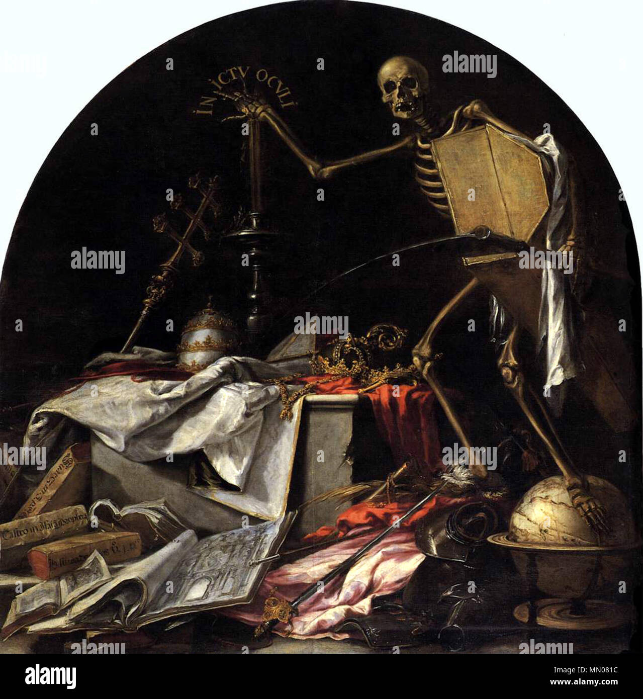 . Español: Esta obra, junto con la que lleva por título Finis Gloriae Mundi, le fue encargada a Juan de Valdés Leal para ser colocada en el sotocoro del Hospital de la Caridad de Sevilla, y al igual que en las pinturas del género Vanitas, aluden a la banalidad de la vida terrena y a la universalidad de la muerte, aunque también quedan unidas con el fin primordial de la Hermandad de la Caridad de Sevilla, que era el de enterrar a los ajusticiados e indigentes de la ciudad, al igual que otras hermandades similares existentes en España en esa época. In Ictu Oculi. between 1670 and 1672. In ictu Stock Photo