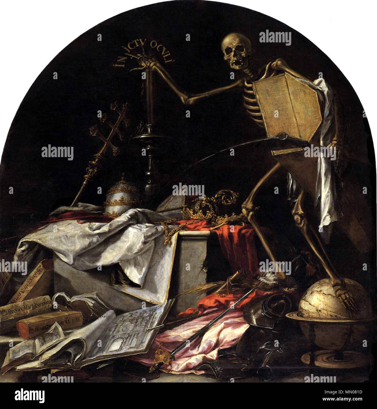 . Español: Esta obra, junto con la que lleva por título Finis Gloriae Mundi, le fue encargada a Juan de Valdés Leal para ser colocada en el sotocoro del Hospital de la Caridad de Sevilla, y al igual que en las pinturas del género Vanitas, aluden a la banalidad de la vida terrena y a la universalidad de la muerte, aunque también quedan unidas con el fin primordial de la Hermandad de la Caridad de Sevilla, que era el de enterrar a los ajusticiados e indigentes de la ciudad, al igual que otras hermandades similares existentes en España en esa época. In ictu oculi Stock Photo