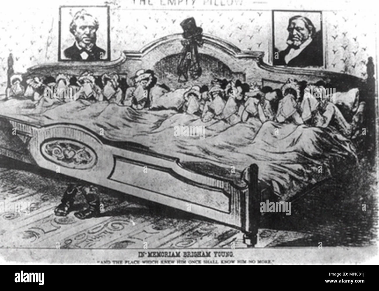 . English: Brigham Young's 12 widows lament. Caricature in a newspaper about Mormon polygamy. Text:'In memoriam Brigham Young. And the place which knew him once shall know him no more' It references the apocryphal 'long bed' story (and illustration) found in chapter 15 of Mark Twain's 1872 book Roughing It.  . 1877. Unknown In memoriam brigham young 2 Stock Photo