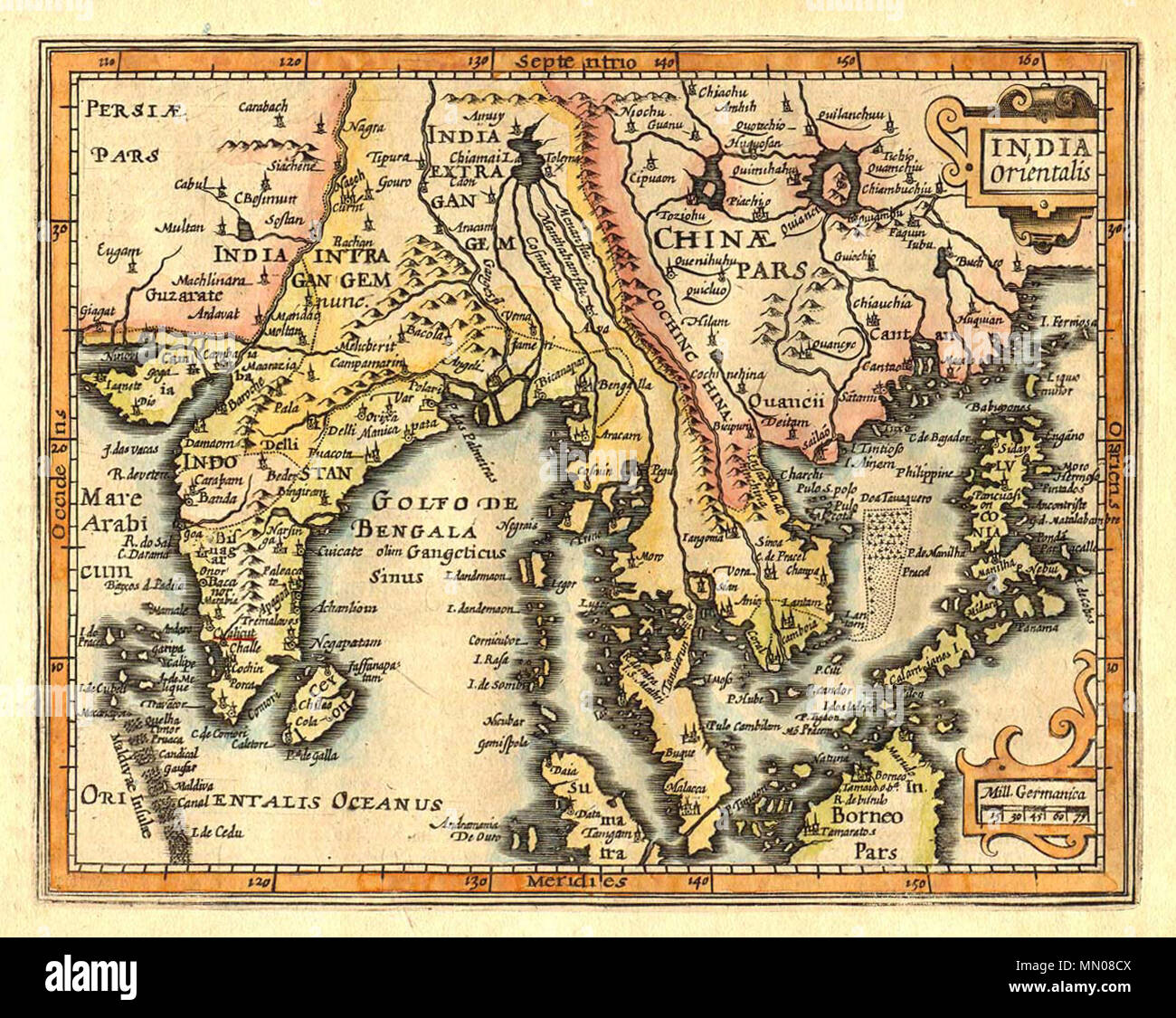 . Tiếng Việt: Bản đồ Đông Nam Á gồm cả Ấn Độ và Trung Quốc năm 1609, do Gerardus Mercator và Jan Hondius vẽ (được tô màu lại sau khi xuất bản). Trong bản đồ nước Đại Việt tức là xứ Giao Chỉ được gọi là Cochinchina để phân biệt với địa danh Cochin ở tây nam Ấn Độ, quần đảo Hoàng Sa gọi là Pracel và được ghi thuộc Champa tại vị trí trong đất liền giữa Cinoa (Thuận Hóa) và Champa là C. de Pracel.  . 1609. Gerardus Mercator (1512-1594), Jan Hondius IndoChine1609(India orientalis) Stock Photo