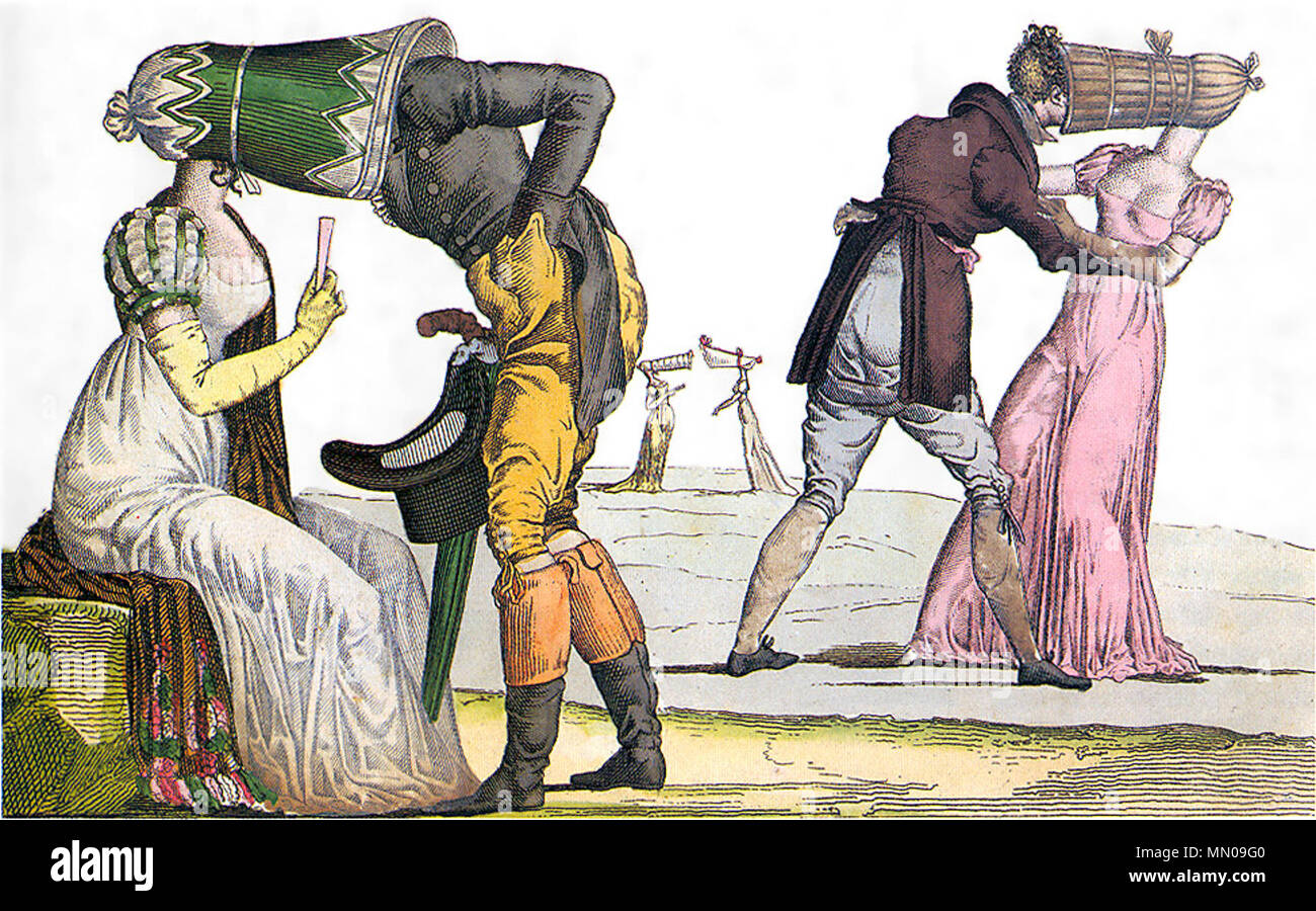 . English: 'Les Invisibles en Tête-à-Tête', a French satire on the poke bonnet (called 'invisible' in French), 1810s. No. 16 in the series of engravings, 'Le Suprême Bon Ton' (probably from the 1810's).  . probably from the 1810's. Unknown artist, published by Aaron Martinet Invisibles-Tete-a-Tete-poke-bonnet-satire-1810s Stock Photo
