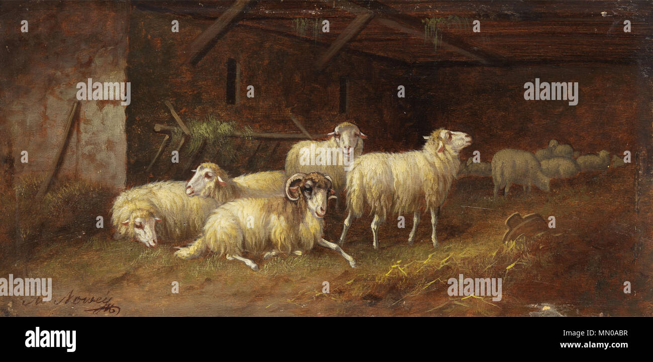 . Inneres eines Schafstalles, Öl auf Holz. 14 x 29,5 cm. Links unten signiert.  . 19th century. „Ad. Novey“ Ad Novey Schafstall Stock Photo