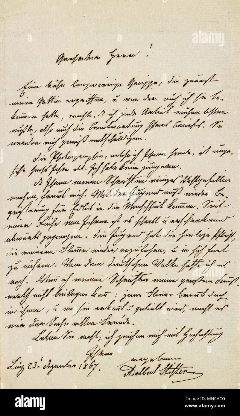 . Adalbert Stifter, Brief an Anton Schlossar, Linz 23. Dezember 1867. 'Geehrter Herr! Eine böse langwierige Grippe, die zuerst meine Gattin ergriffen, und von der auch ich sie bekommen hatte, machte, daß ich jede Arbeit ruhen lassen mußte, also auch die Beantwortung Ihres Briefes. Sie werden mich gewiß entschuldigen. Die Photographie, welche ich Ihnen sende, ist ungefähr sechs Jahre alt. Ich habe keine jüngere. Das Ihnen meine Schriften einiges Wohlgefallen machen, freut mich. Mit der Jugend muß wieder Begeisterung für Edles in die Menschheit kommen. Seit einer Reihe von Jahren ist es schnell  Stock Photo