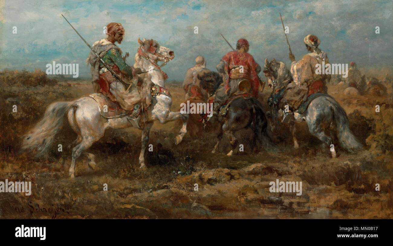 Arab horsemen. Unknown date. Adolf Schreyer - Arabische Reiter Stock Photo