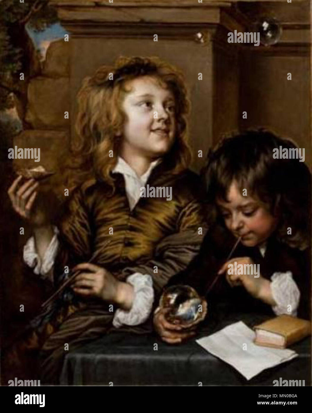 Two Boys Blowing Bubbles.. circa 1630. Adriaen Hanneman Two Boys Blowing Bubbles Stock Photo